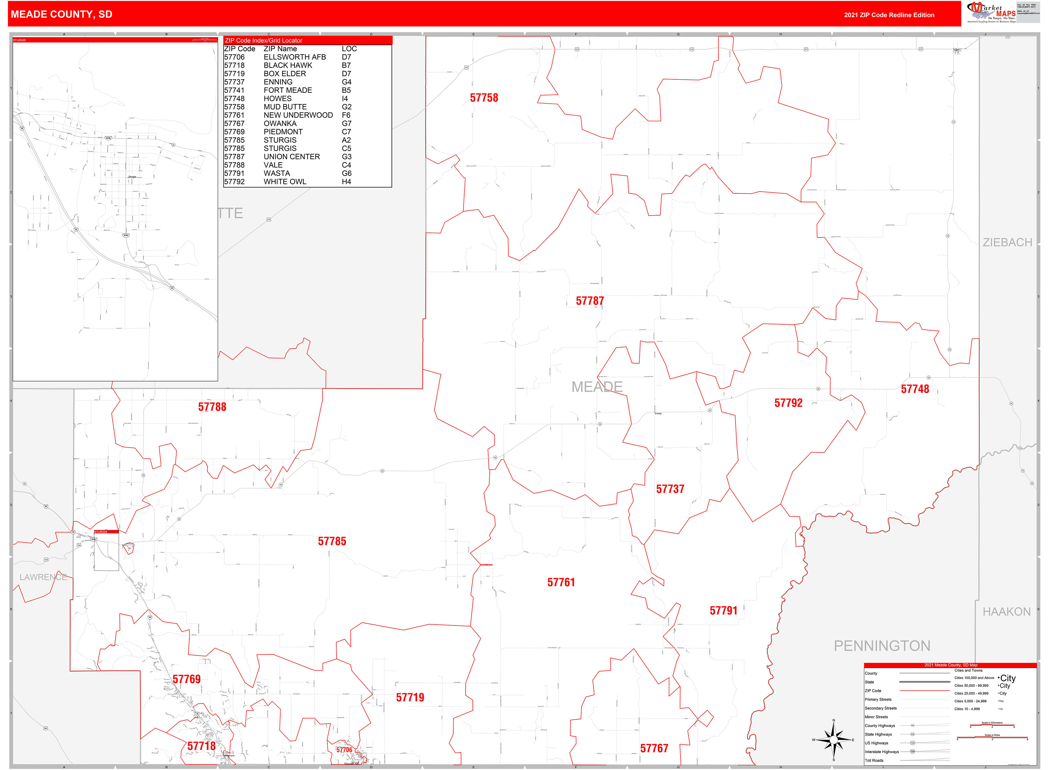 Meade County, SD Zip Code Wall Map Red Line Style by MarketMAPS MapSales