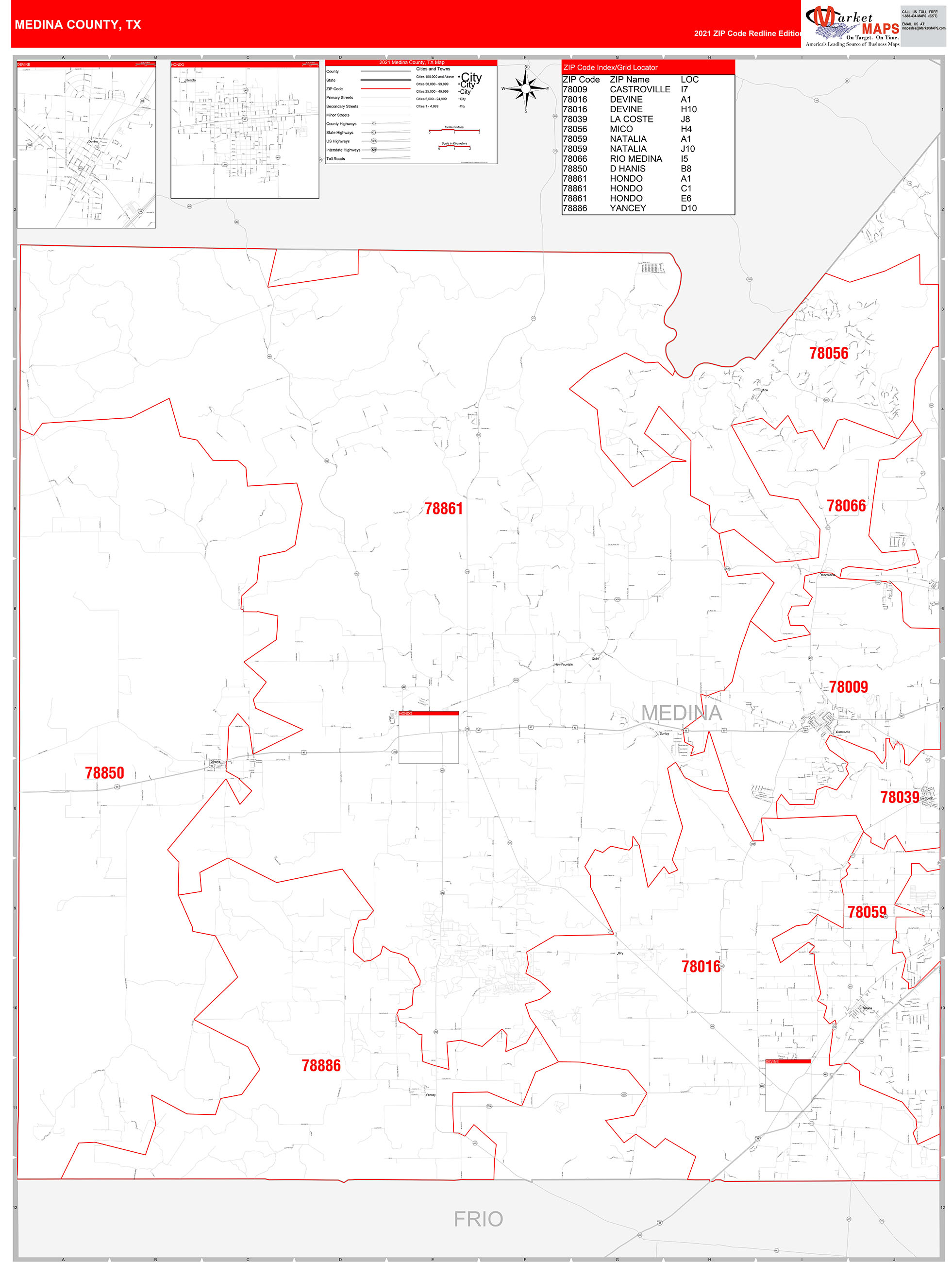 Medina County, TX Zip Code Wall Map Red Line Style by MarketMAPS MapSales