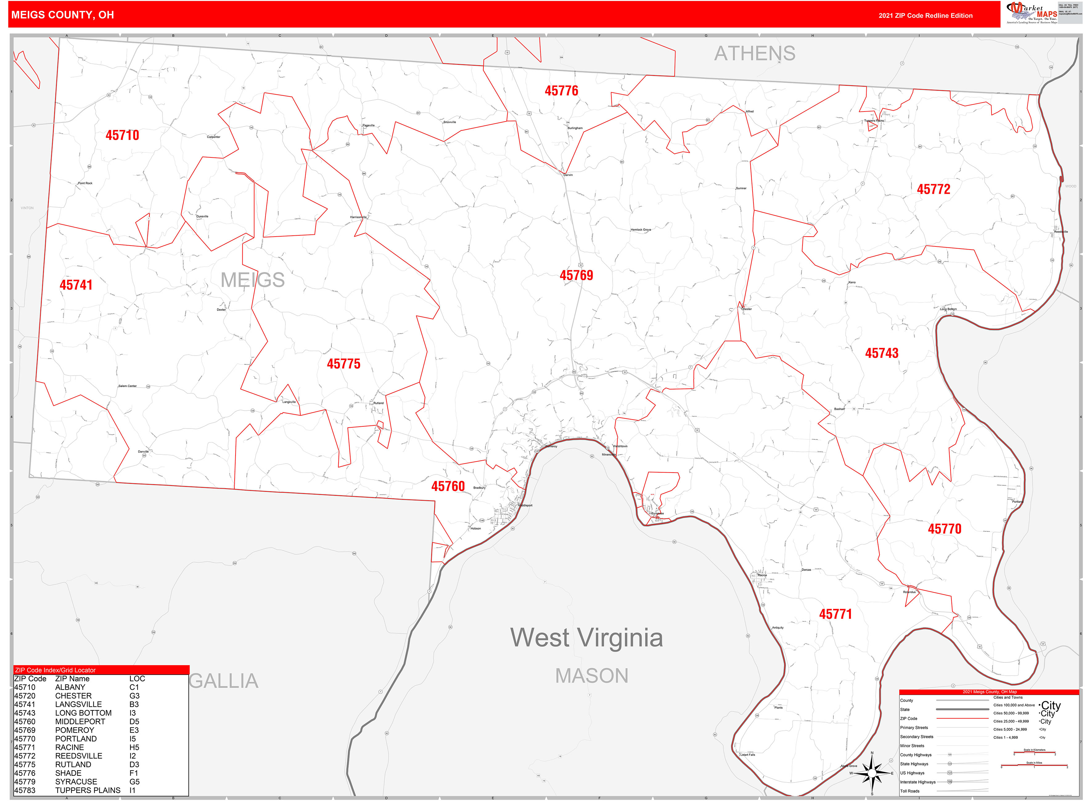 Meigs County, OH Zip Code Wall Map Red Line Style by MarketMAPS MapSales