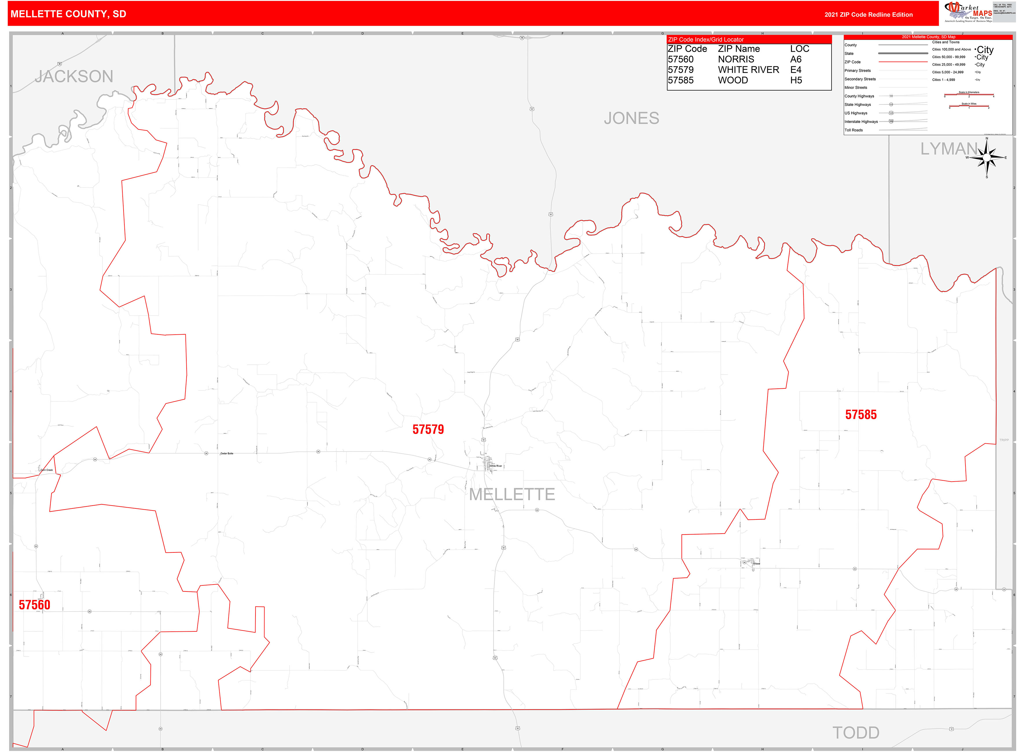 Mellette County, SD Zip Code Wall Map Red Line Style by MarketMAPS