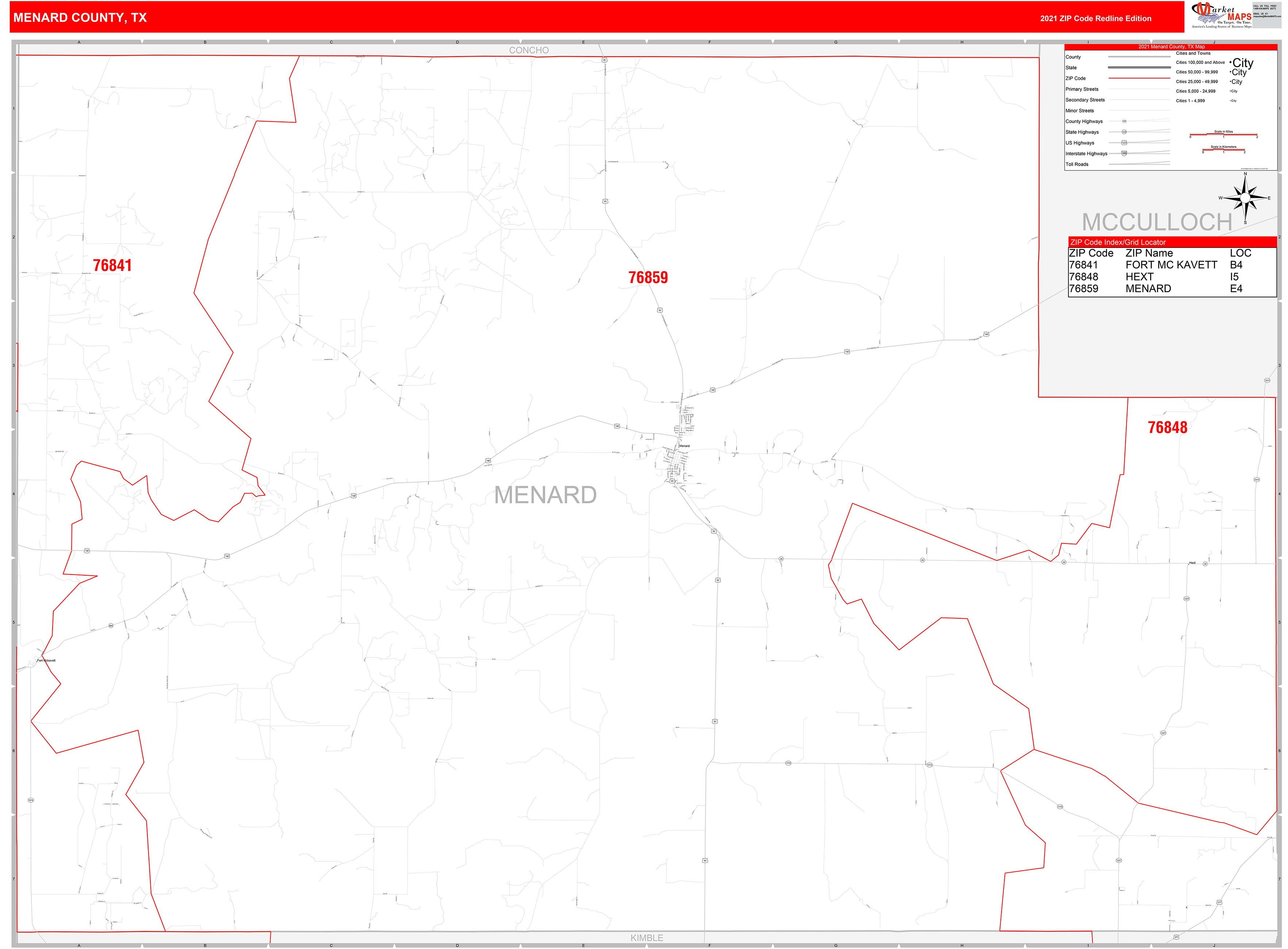 Menard County, TX Zip Code Wall Map Red Line Style by MarketMAPS