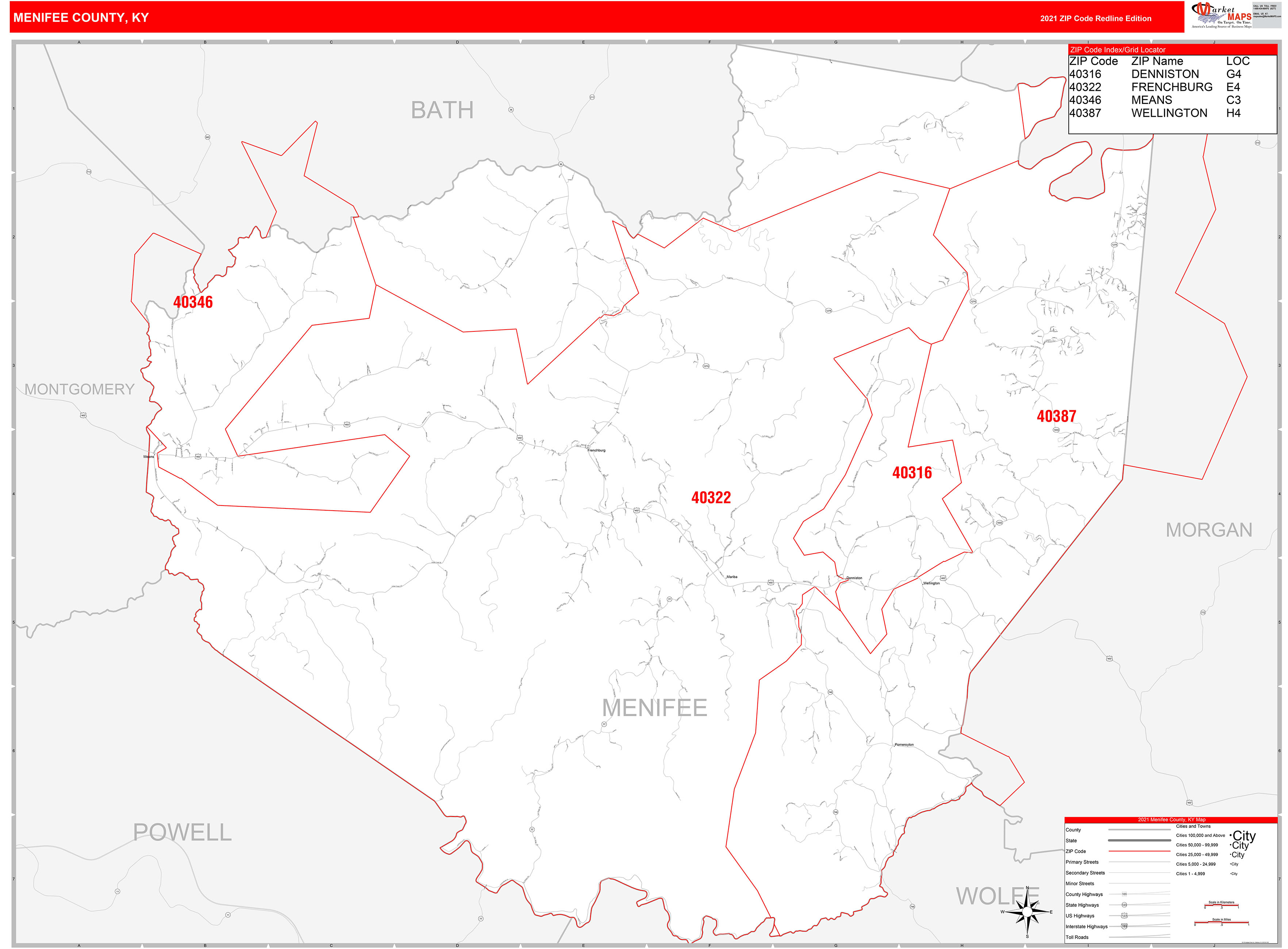 Menifee County, KY Zip Code Wall Map Red Line Style by MarketMAPS