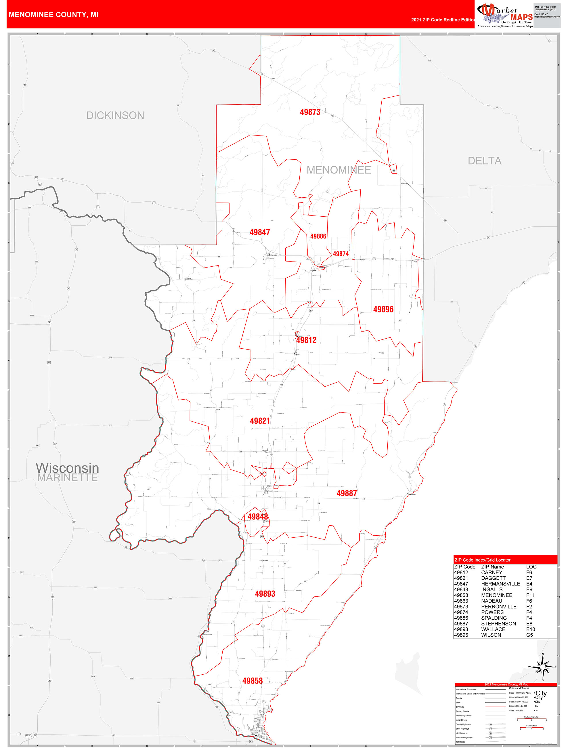 Menominee County, MI Zip Code Wall Map Red Line Style by MarketMAPS