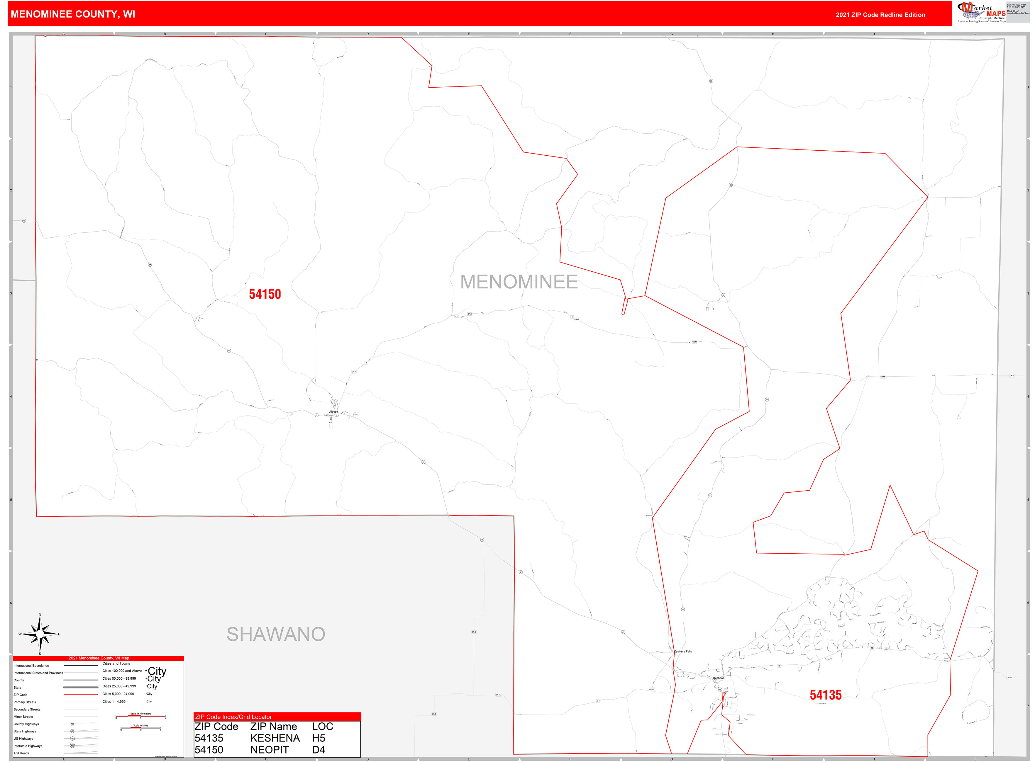 Menominee County, WI Zip Code Wall Map Red Line Style by MarketMAPS