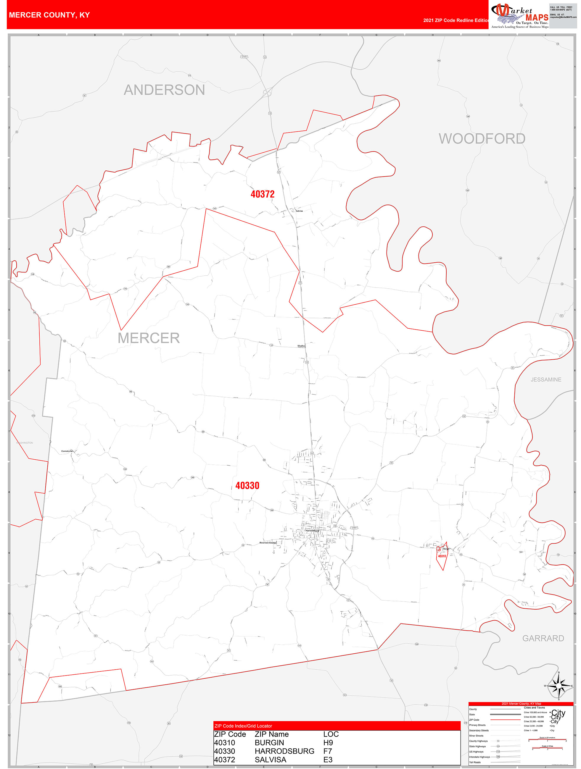Mercer County, KY Zip Code Wall Map Red Line Style by MarketMAPS MapSales