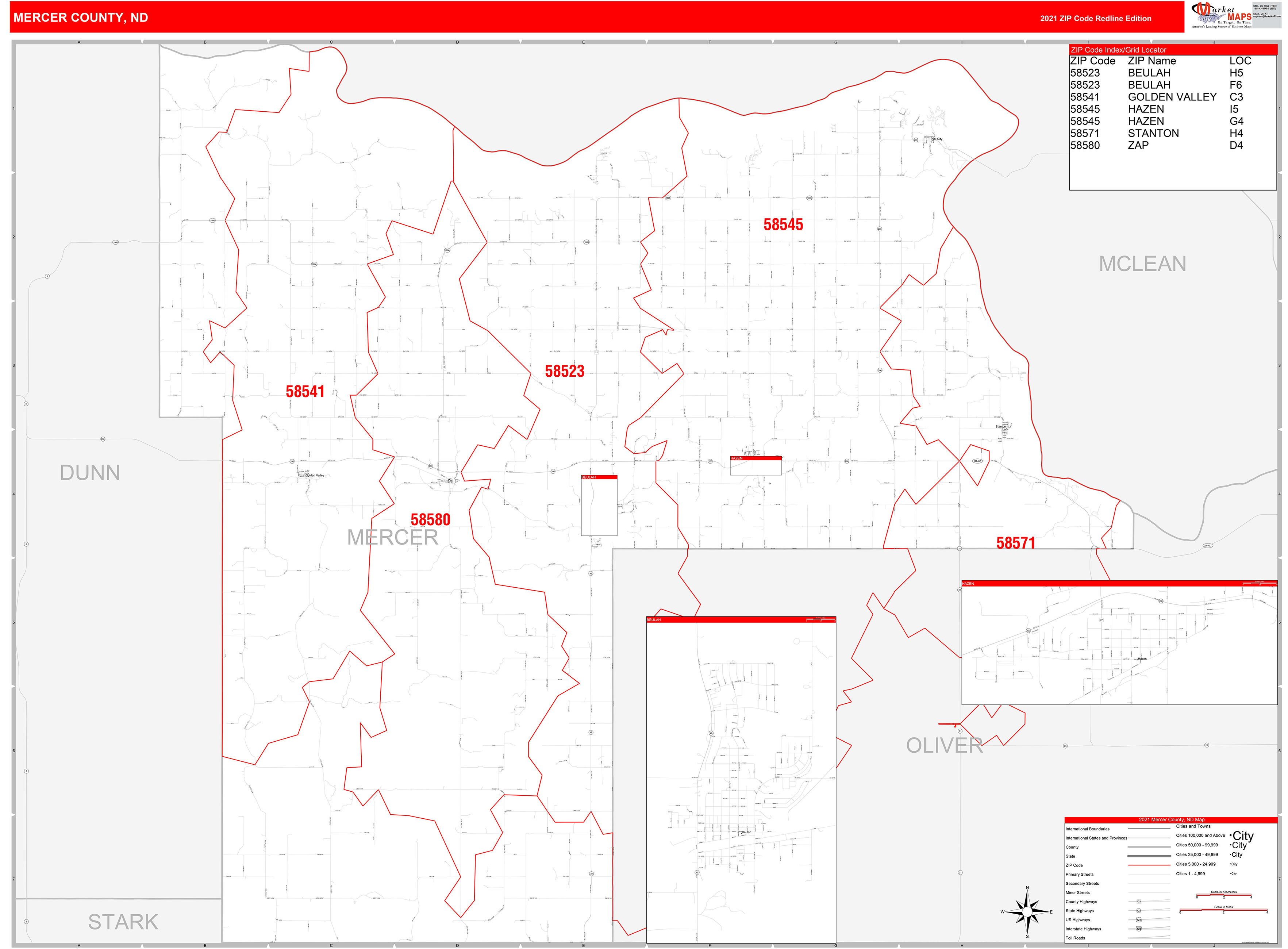 Mercer County, ND Zip Code Wall Map Red Line Style by MarketMAPS