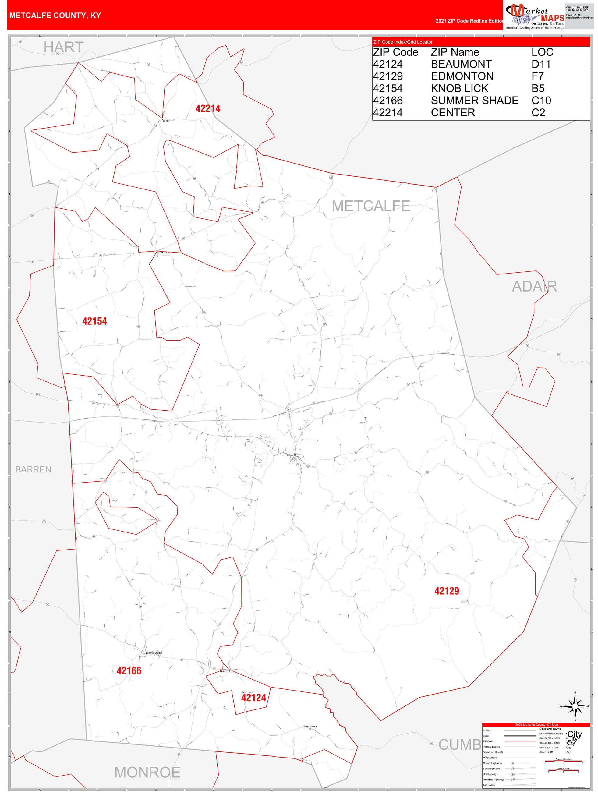 Metcalfe County, KY Zip Code Wall Map Red Line Style by MarketMAPS