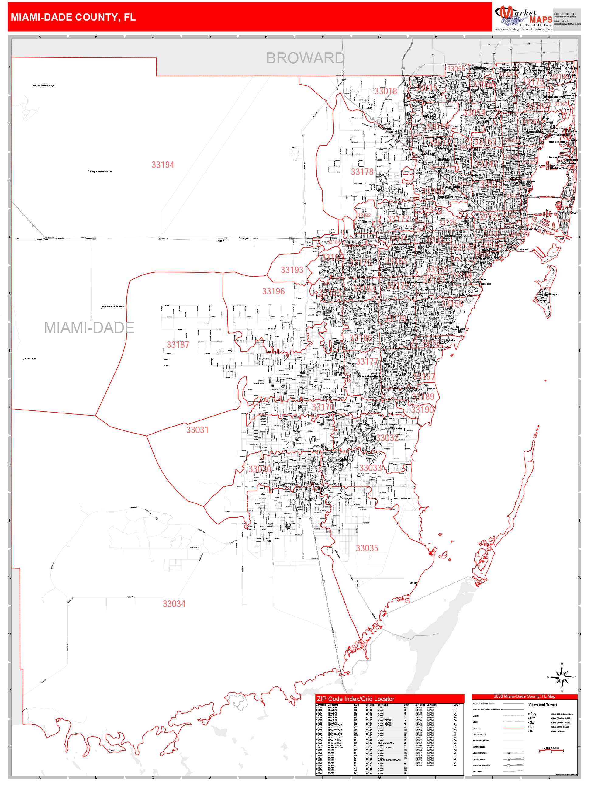 MiamiDade County, FL Zip Code Wall Map Red Line Style by MarketMAPS