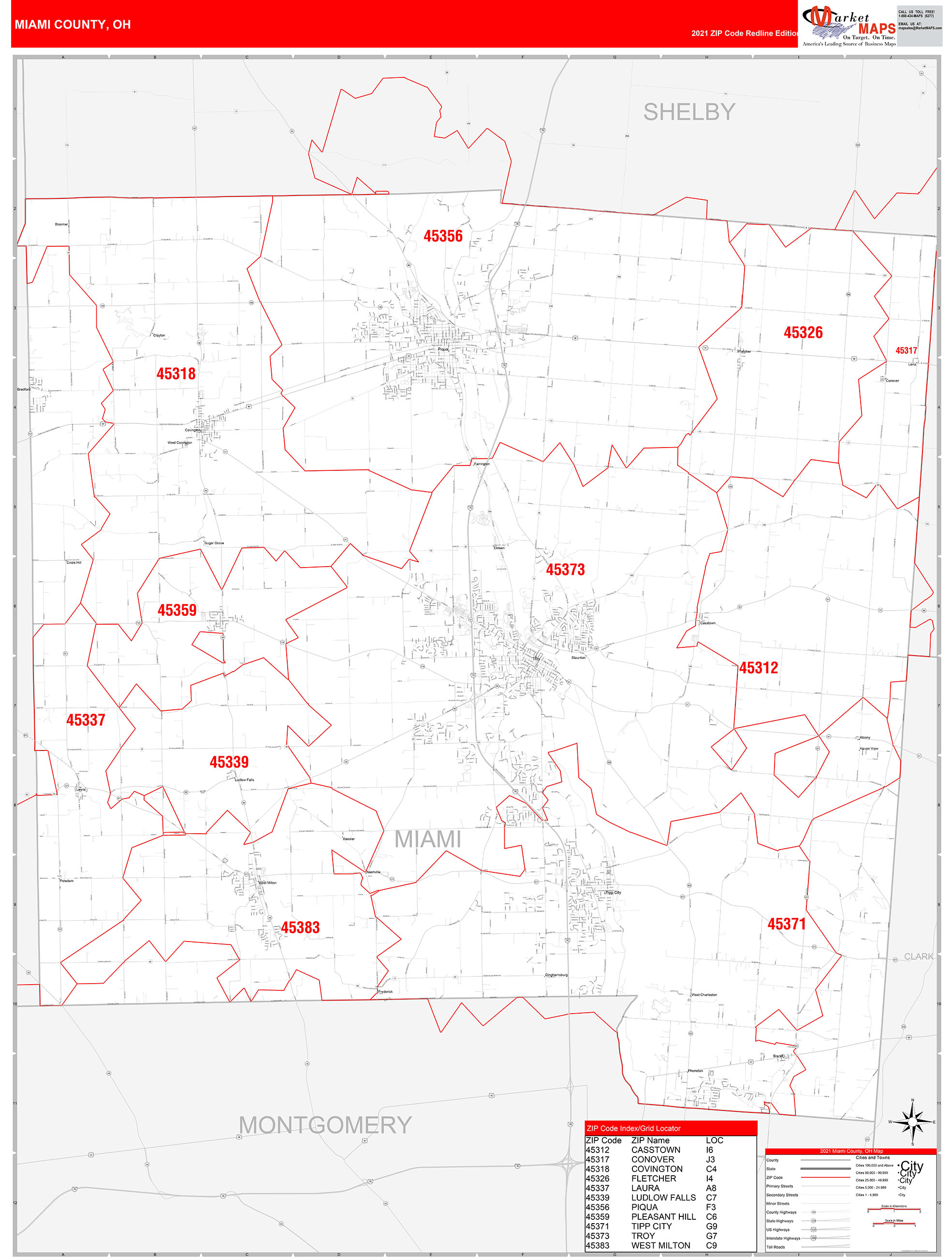 Miami County, OH Zip Code Wall Map Red Line Style by MarketMAPS MapSales