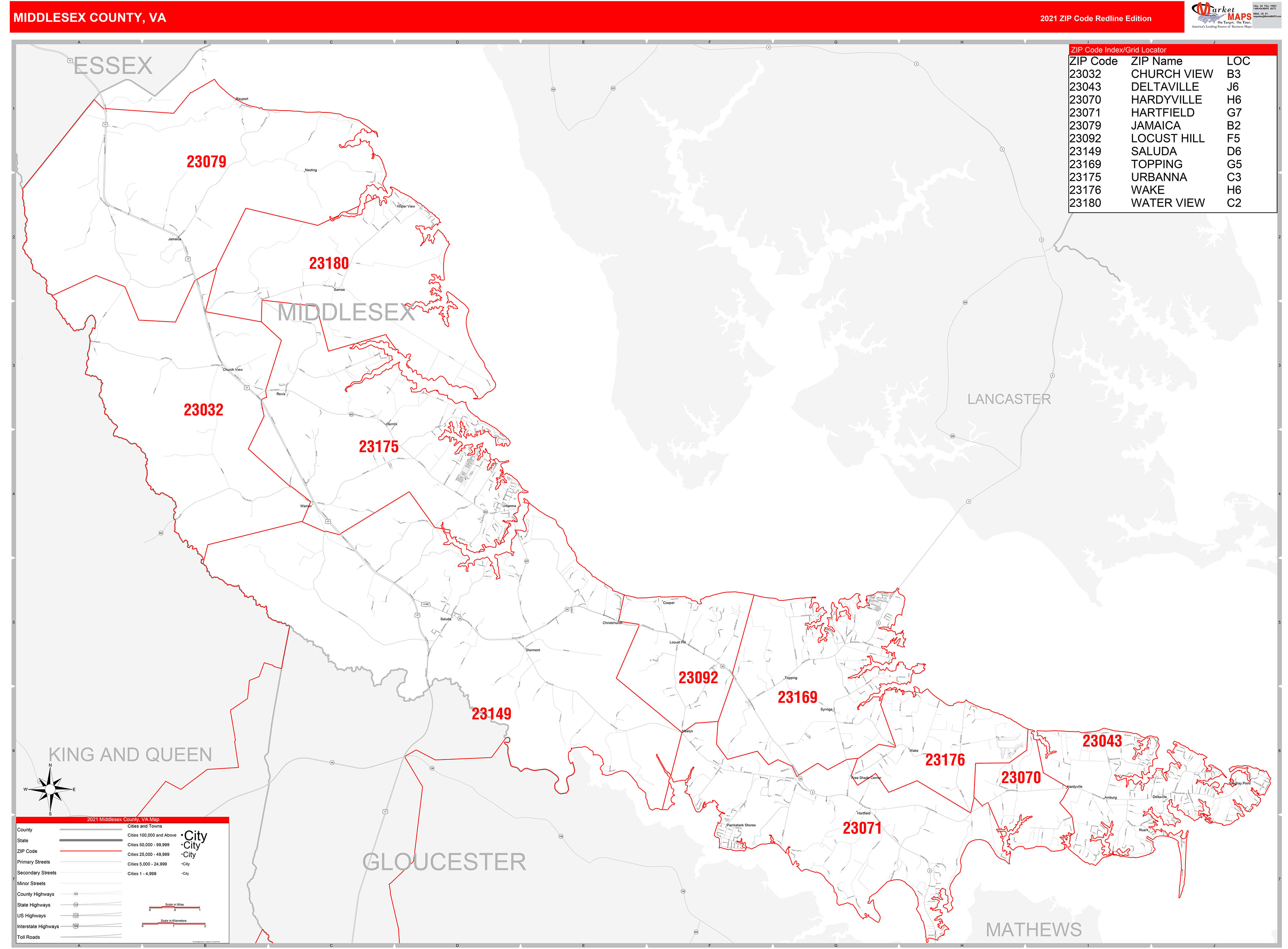 Middlesex County, VA Zip Code Wall Map Red Line Style by MarketMAPS