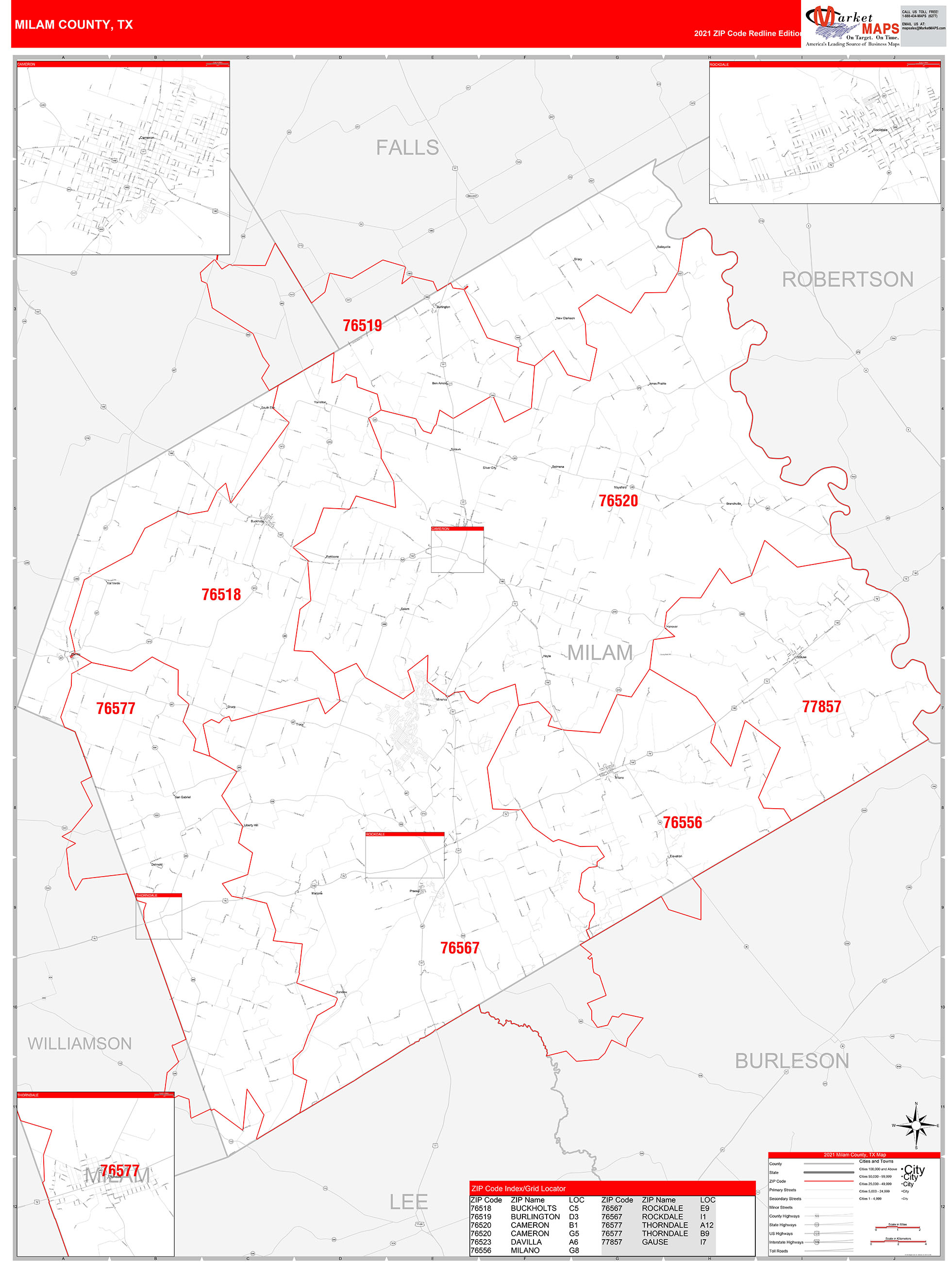 Milam County, TX Zip Code Wall Map Red Line Style by MarketMAPS MapSales
