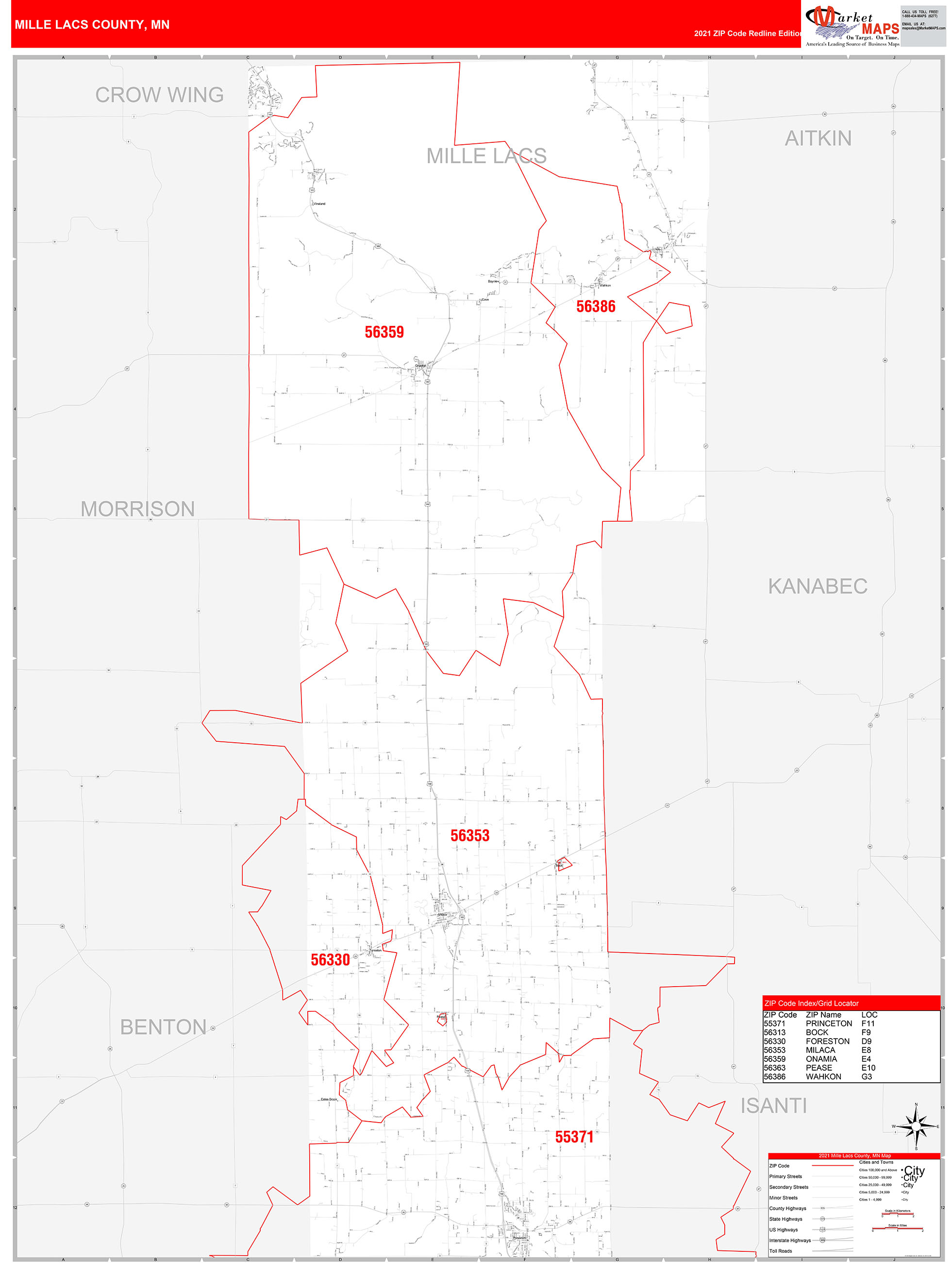 Mille Lacs County, MN Zip Code Wall Map Red Line Style by MarketMAPS