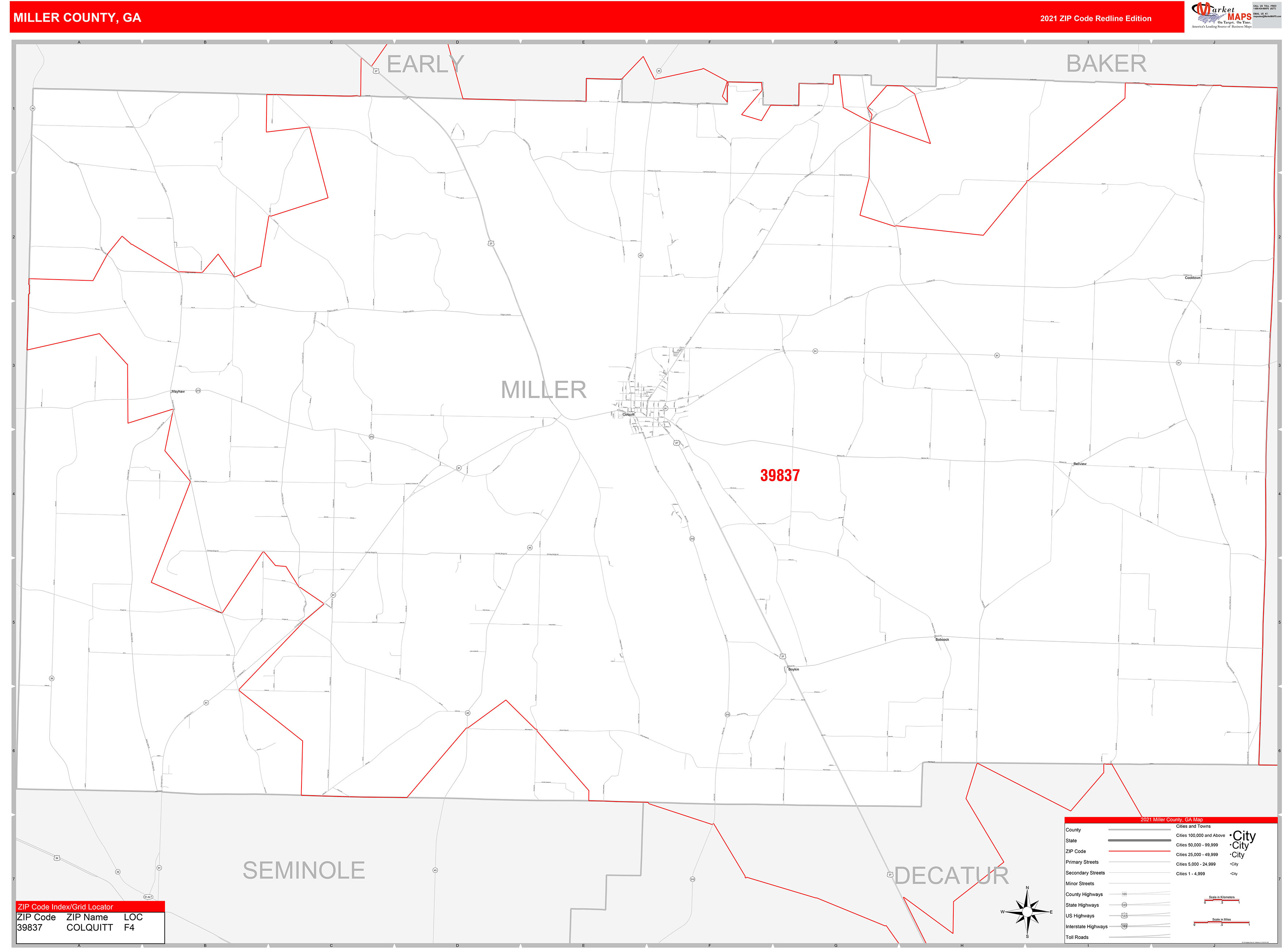 Miller County, GA Zip Code Wall Map Red Line Style by MarketMAPS MapSales