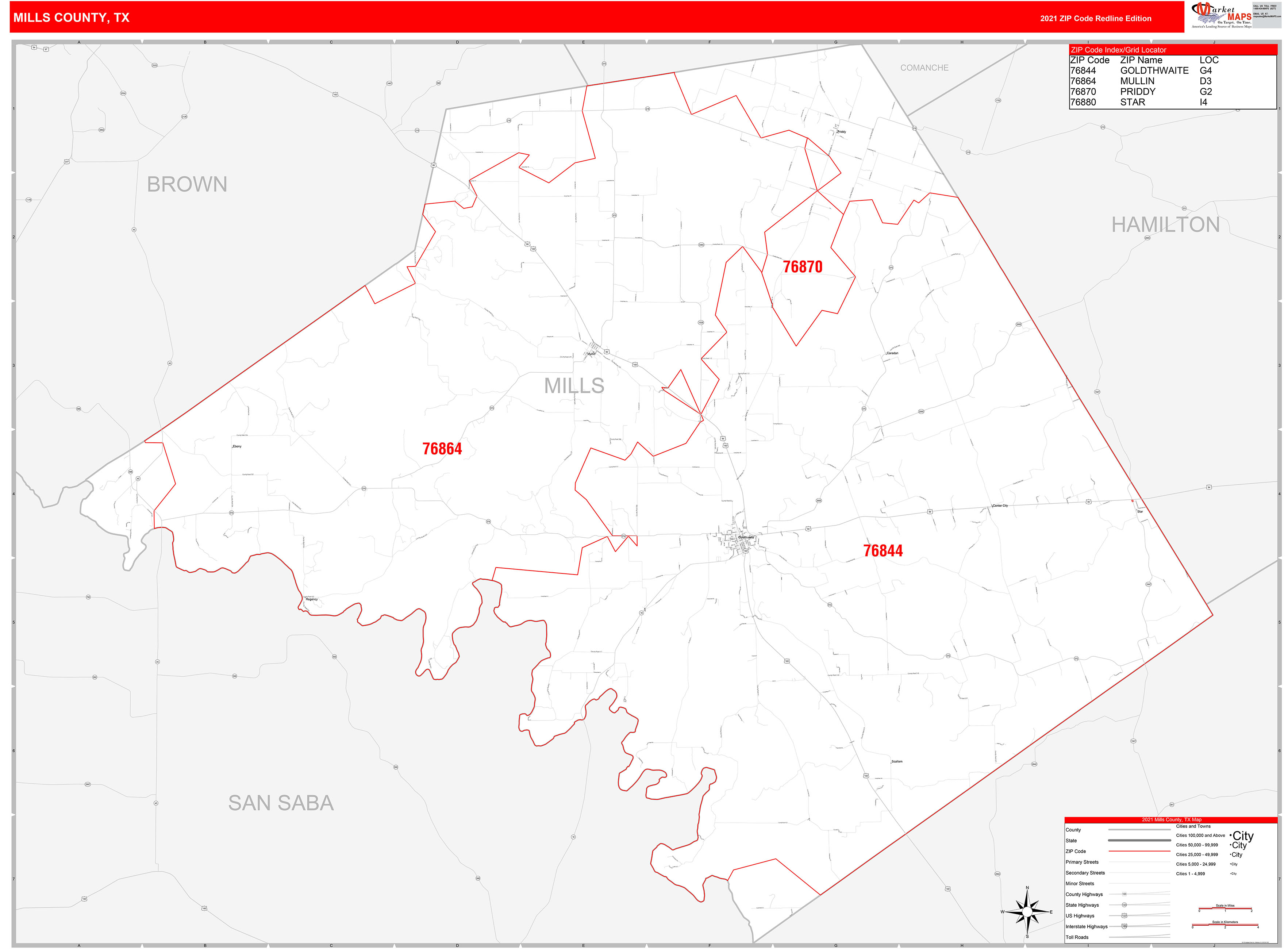 Mills County, TX Zip Code Wall Map Red Line Style by MarketMAPS