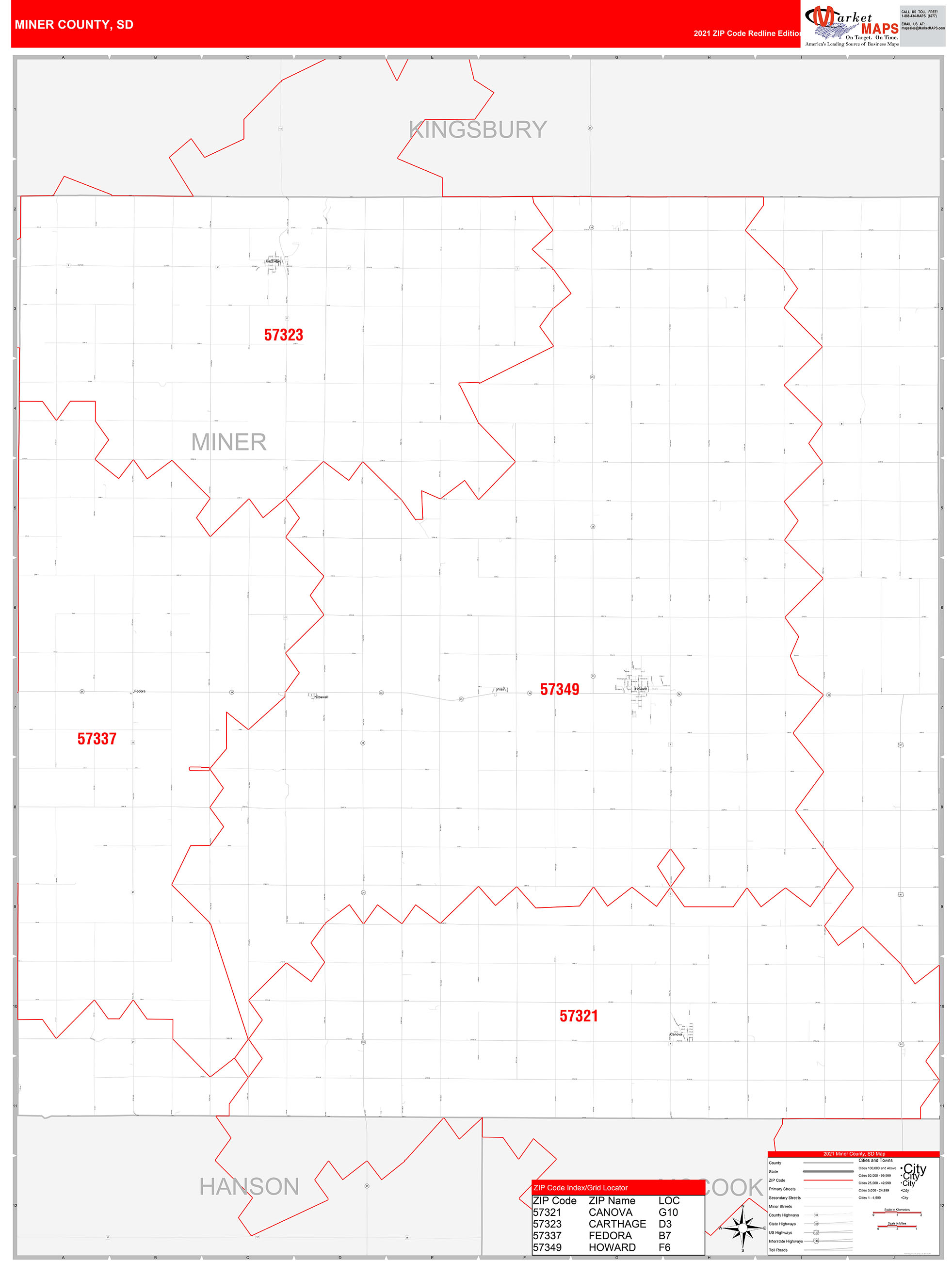 Miner County, SD Zip Code Wall Map Red Line Style by MarketMAPS