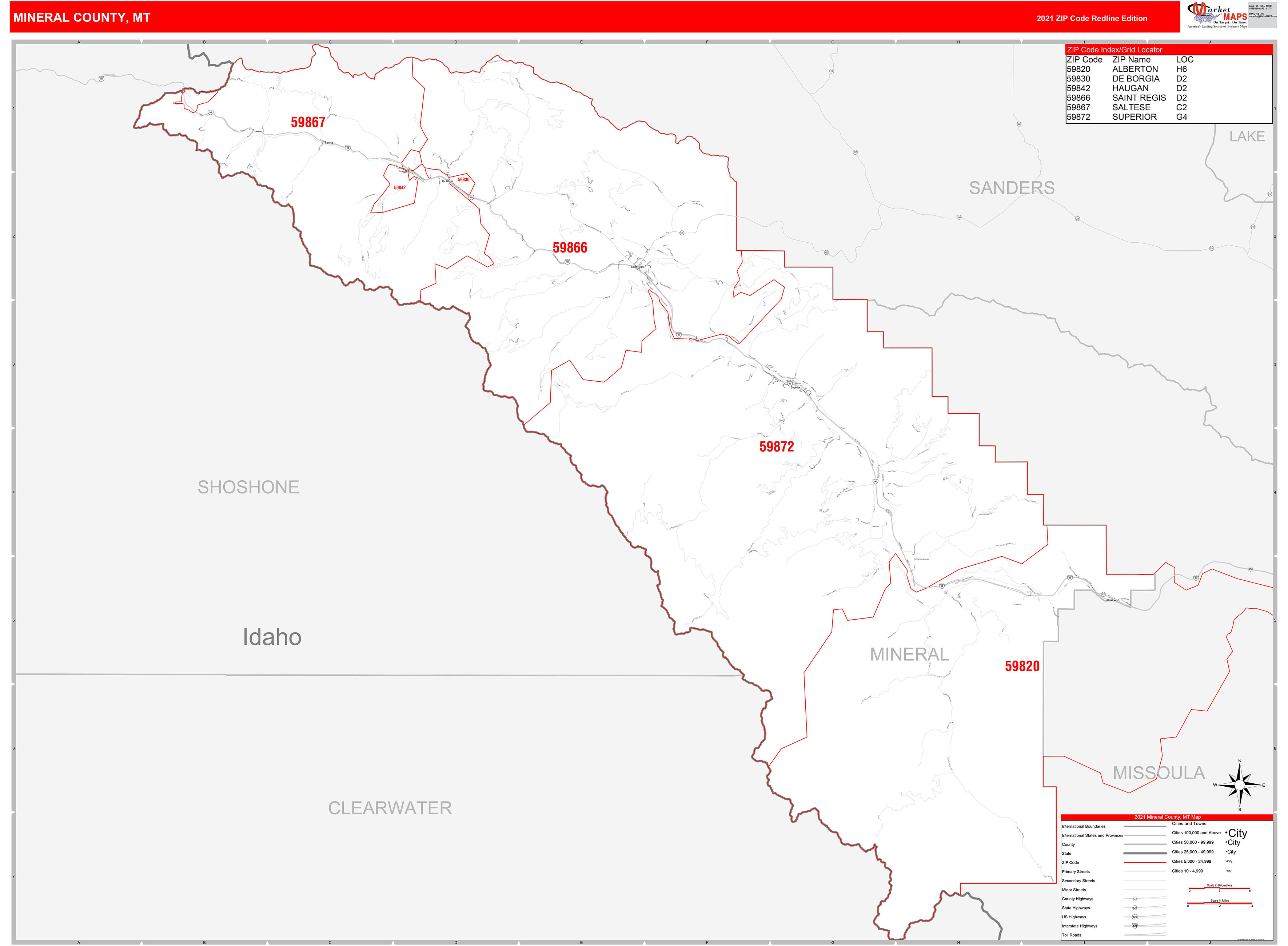 Mineral County, MT Zip Code Wall Map Red Line Style by MarketMAPS