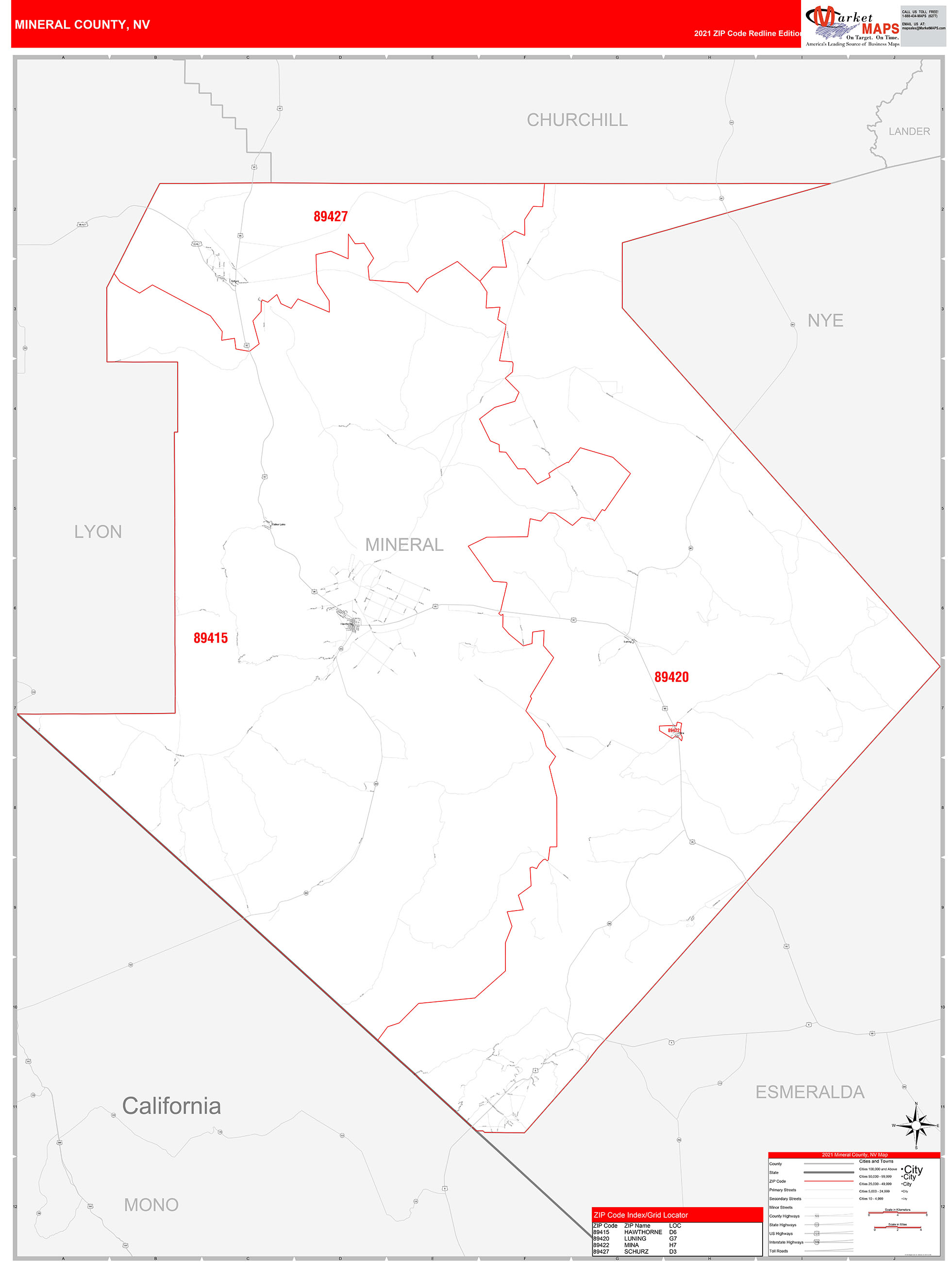 Mineral County, NV Zip Code Wall Map Red Line Style by MarketMAPS