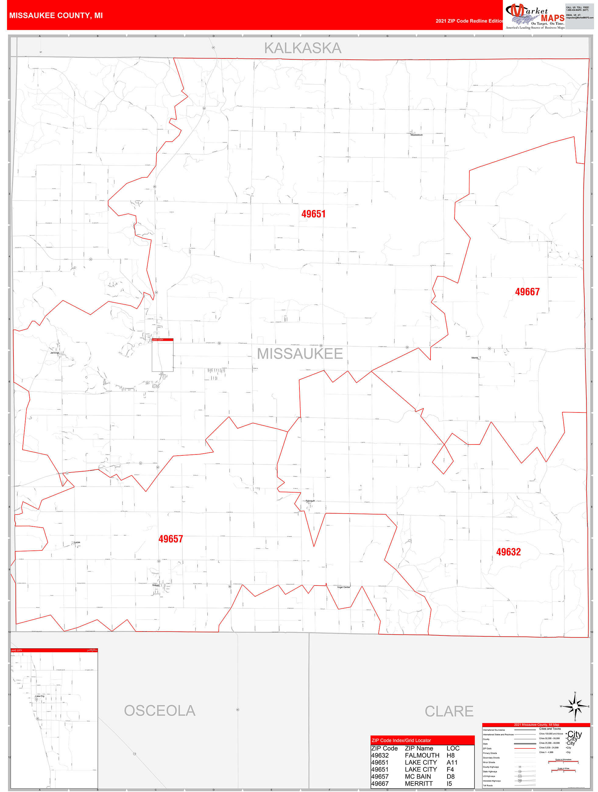 Missaukee County, MI Zip Code Wall Map Red Line Style by MarketMAPS
