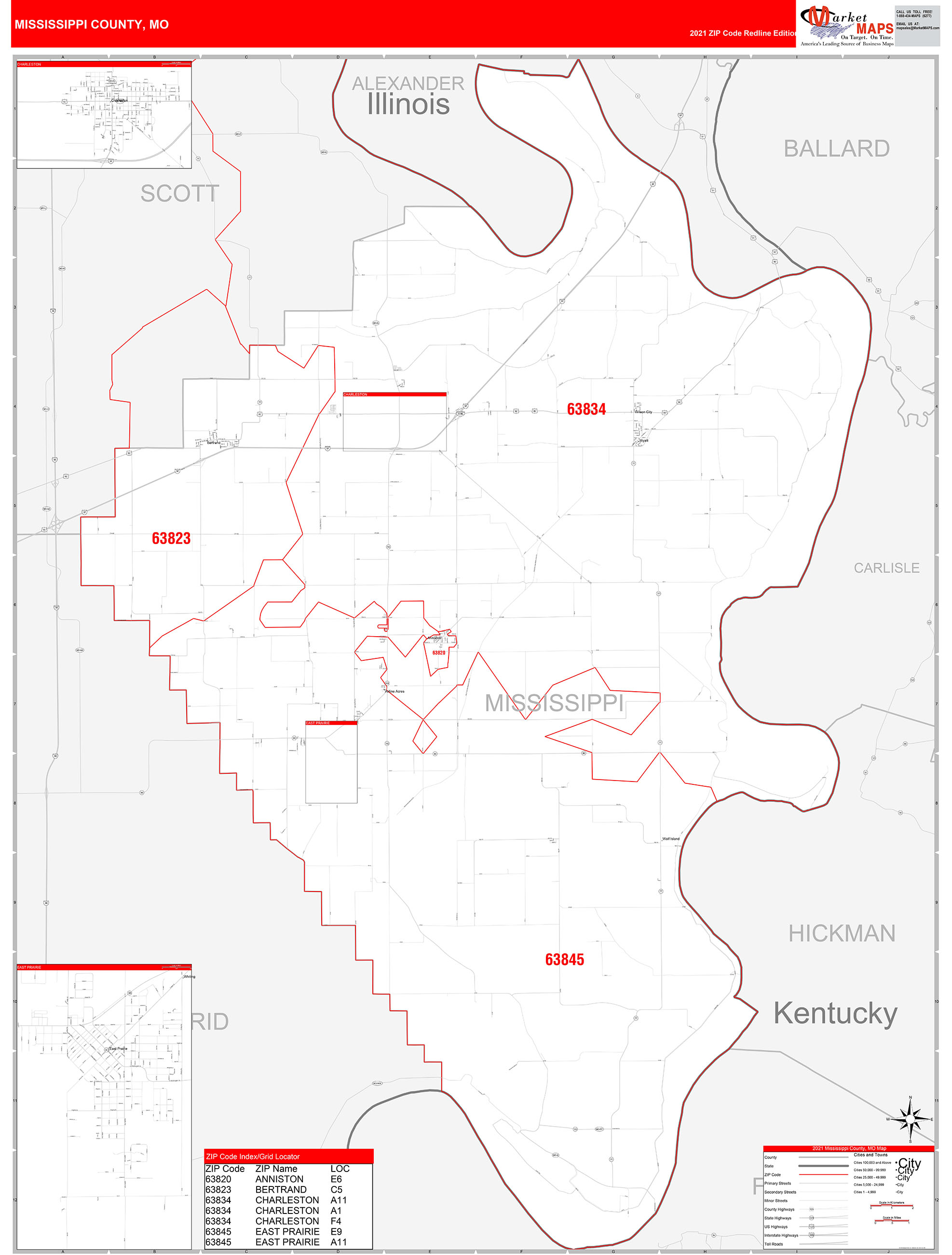 Mississippi County, MO Zip Code Wall Map Red Line Style by MarketMAPS