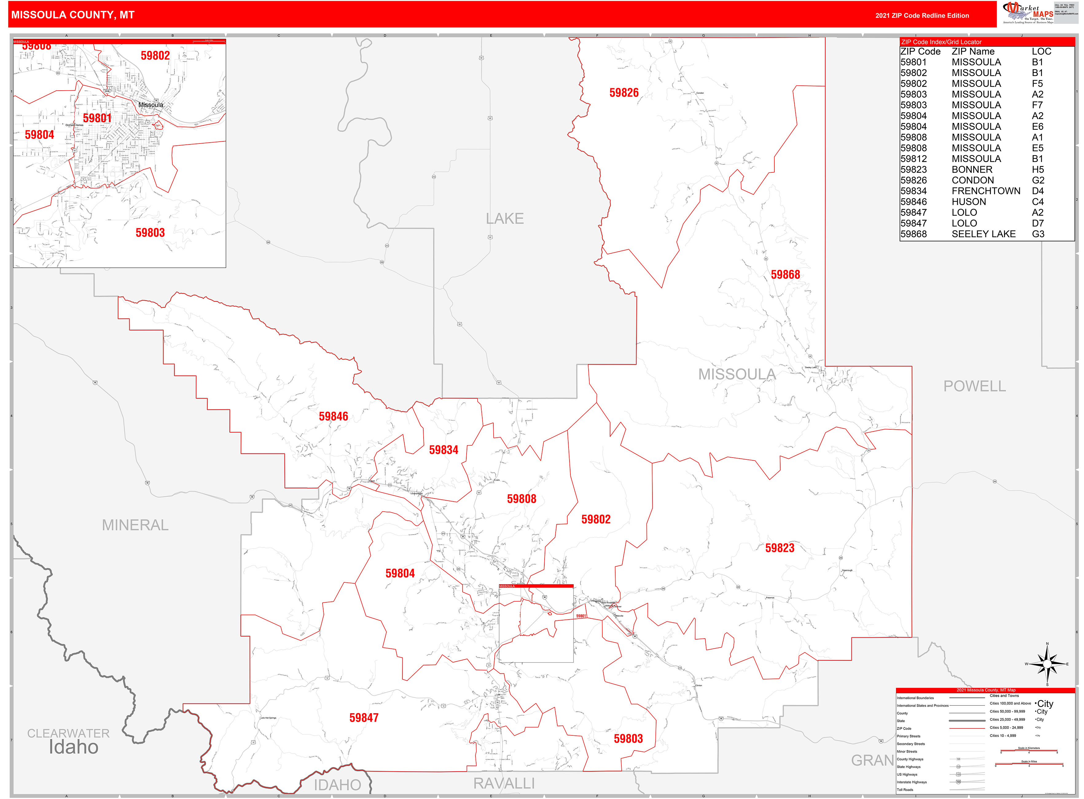 Missoula County, MT Zip Code Wall Map Red Line Style by MarketMAPS