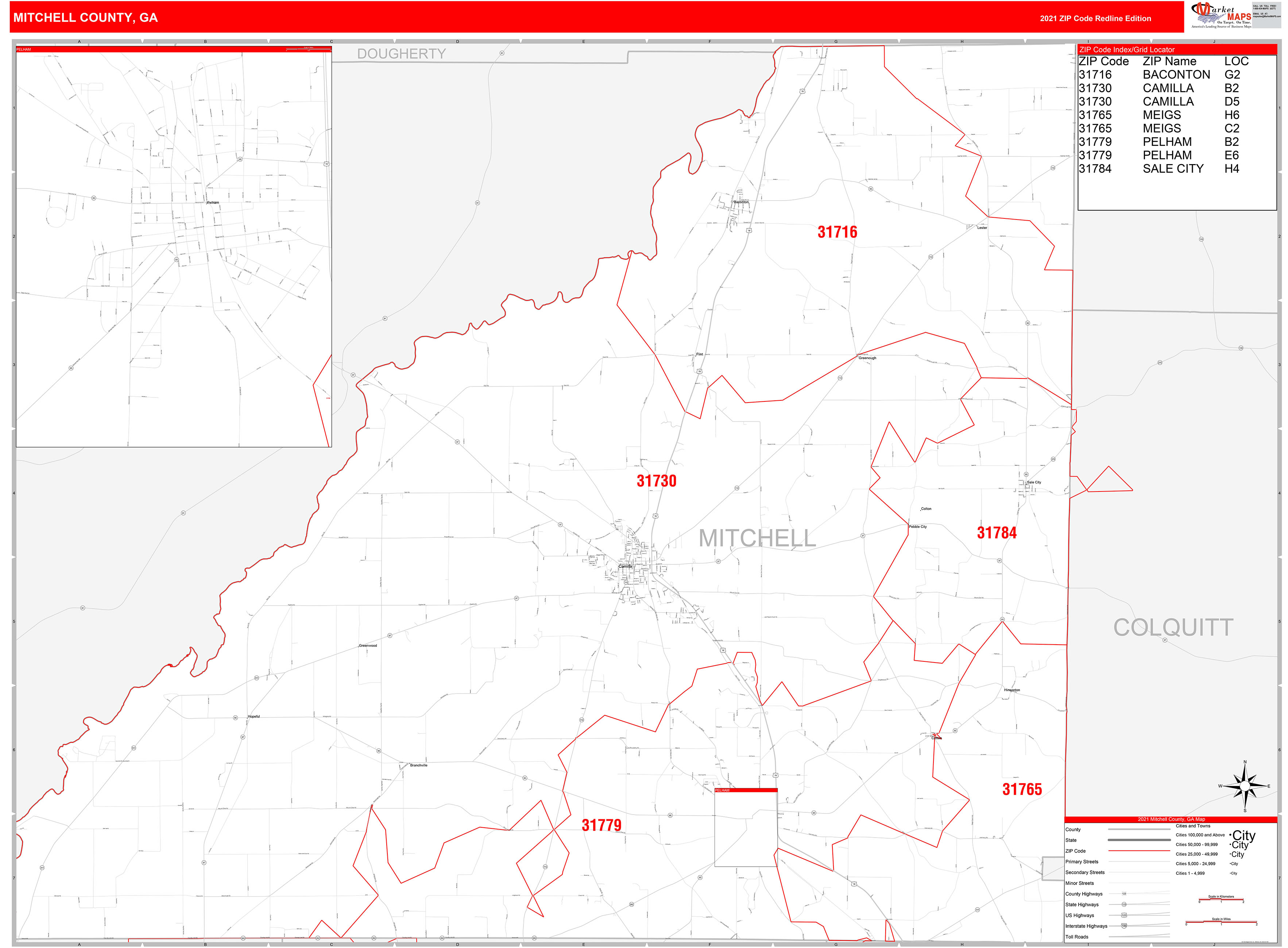 Mitchell County, GA Zip Code Wall Map Red Line Style by MarketMAPS