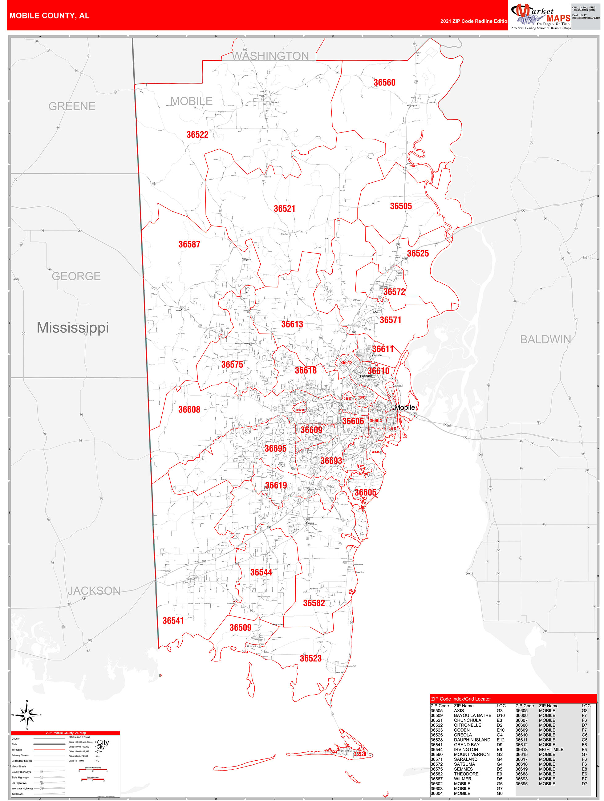 Mobile County Al Zip Code Wall Map Red Line Style By Marketmaps Mapsales