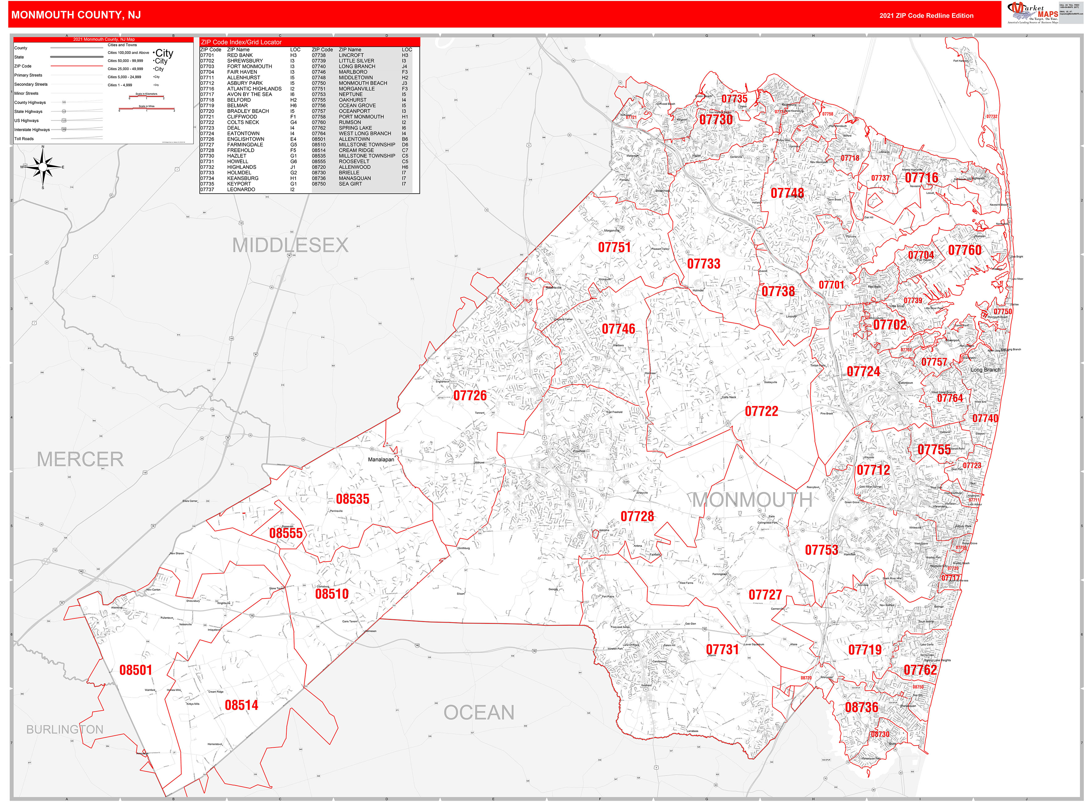 Monmouth County, NJ Zip Code Wall Map Red Line Style by MarketMAPS