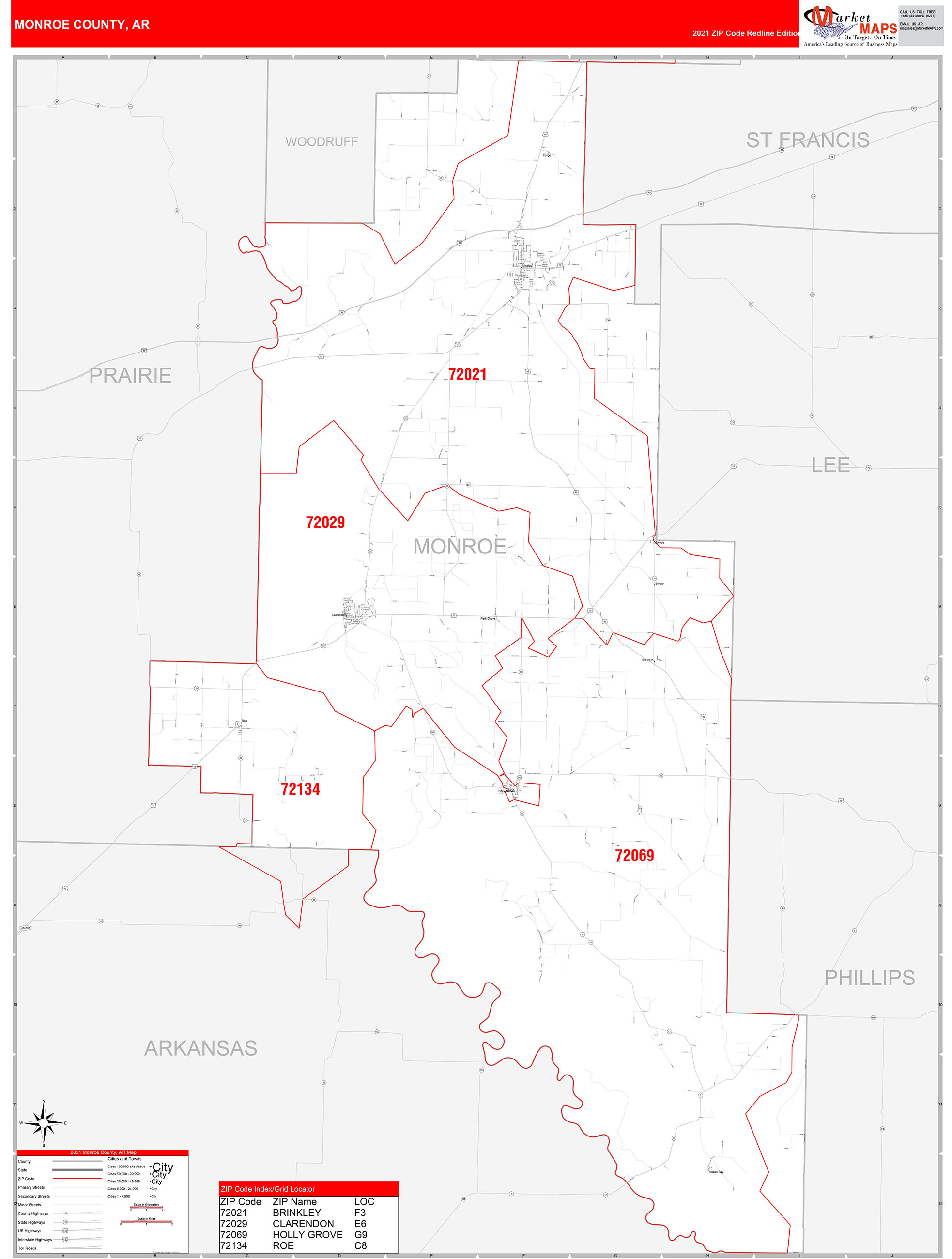 Monroe County, AR Zip Code Wall Map Red Line Style by MarketMAPS MapSales