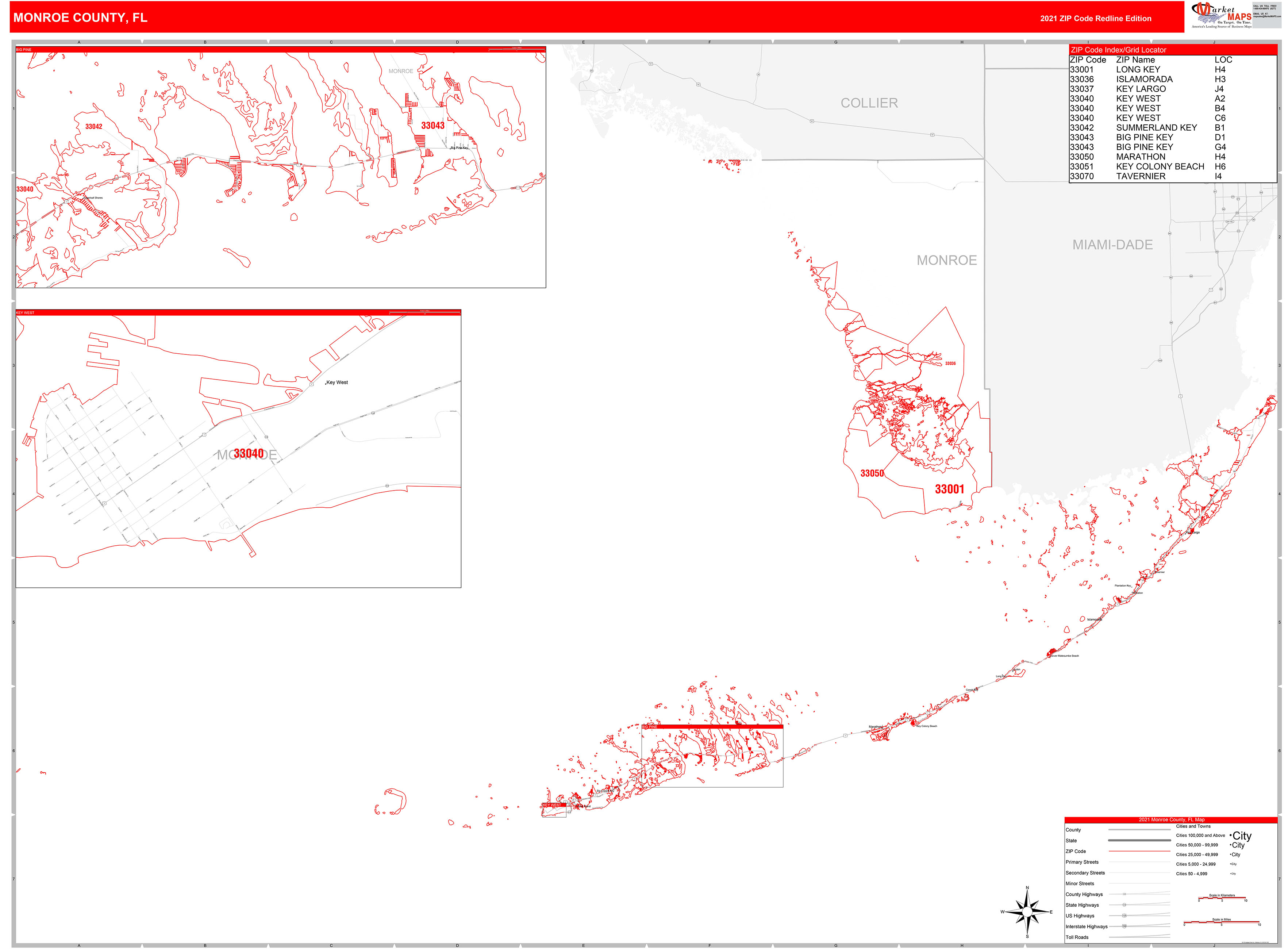 Monroe County, FL Zip Code Wall Map Red Line Style by MarketMAPS MapSales