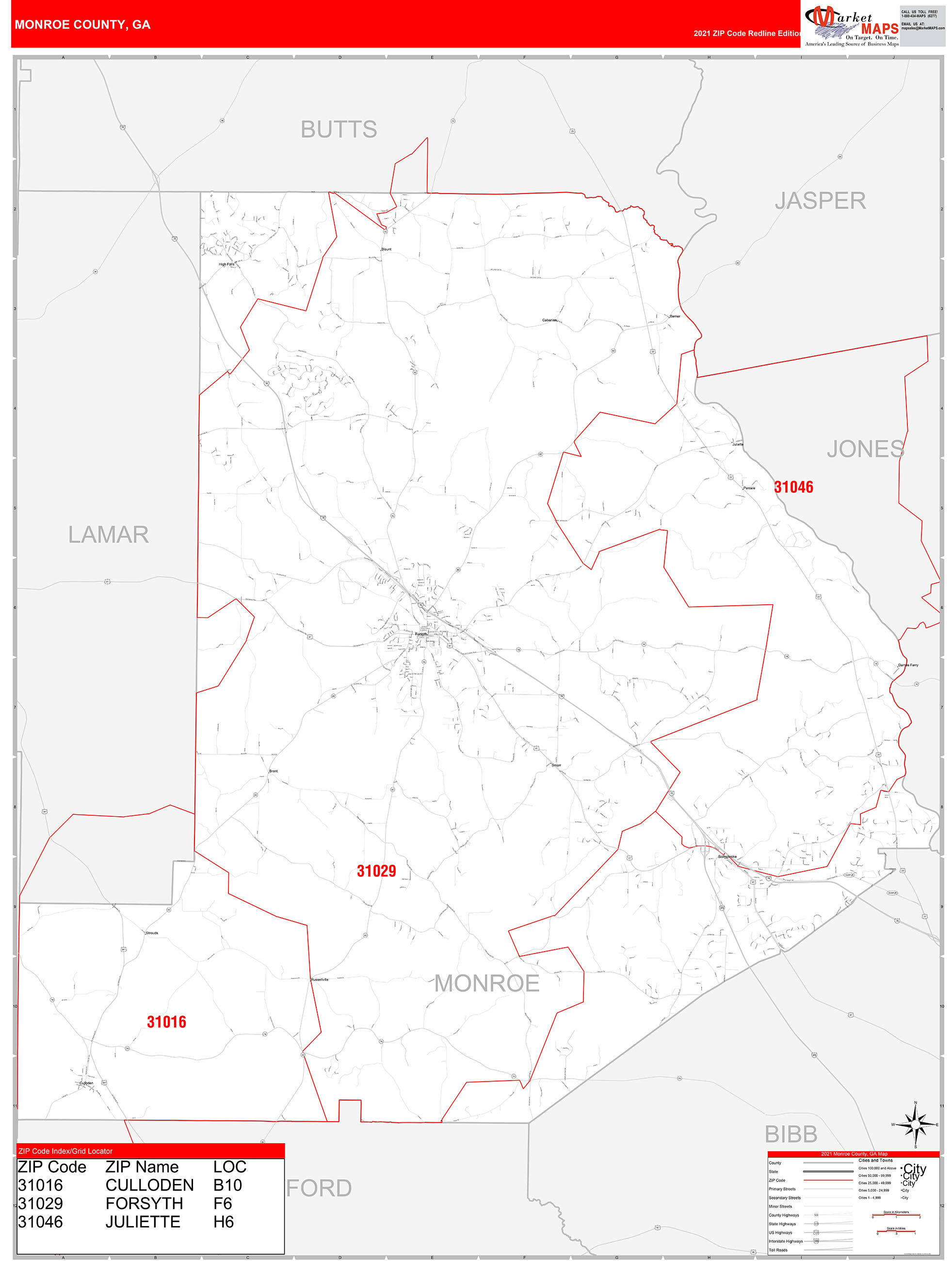 Monroe County, GA Zip Code Wall Map Red Line Style by MarketMAPS