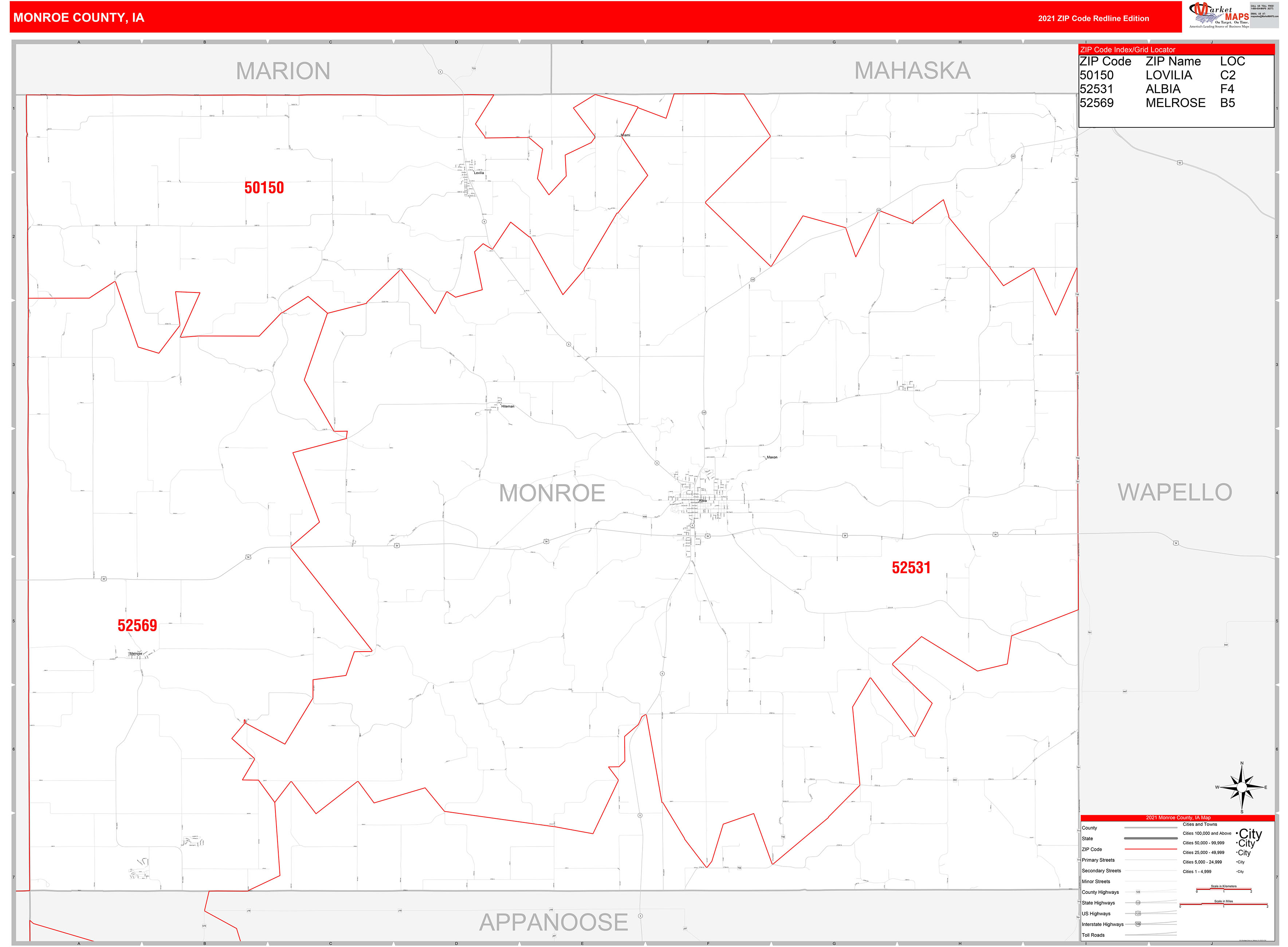 Monroe County, IA Zip Code Wall Map Red Line Style by MarketMAPS