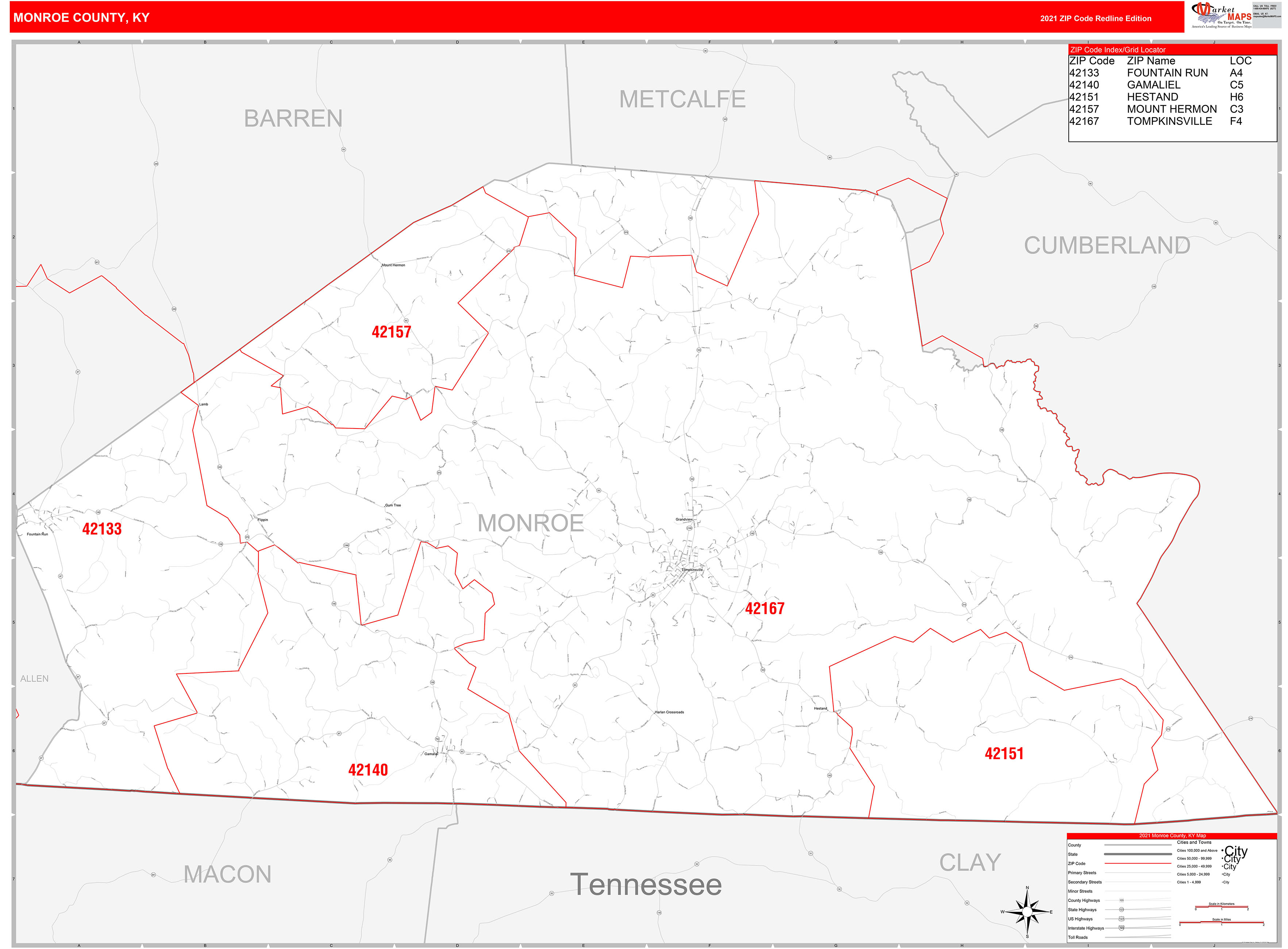 Monroe County, KY Zip Code Wall Map Red Line Style by MarketMAPS - MapSales