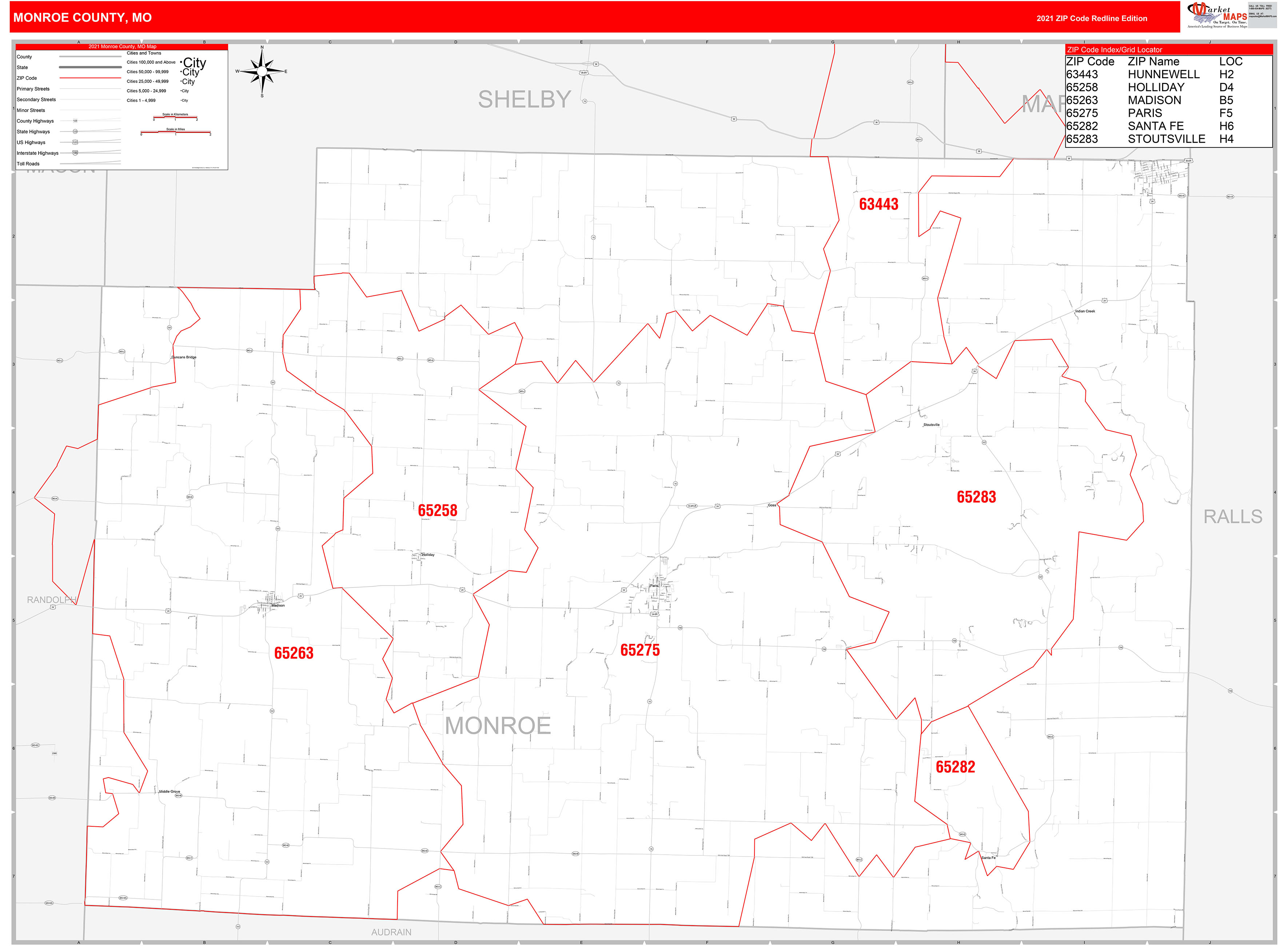 Monroe County, MO Zip Code Wall Map Red Line Style by MarketMAPS