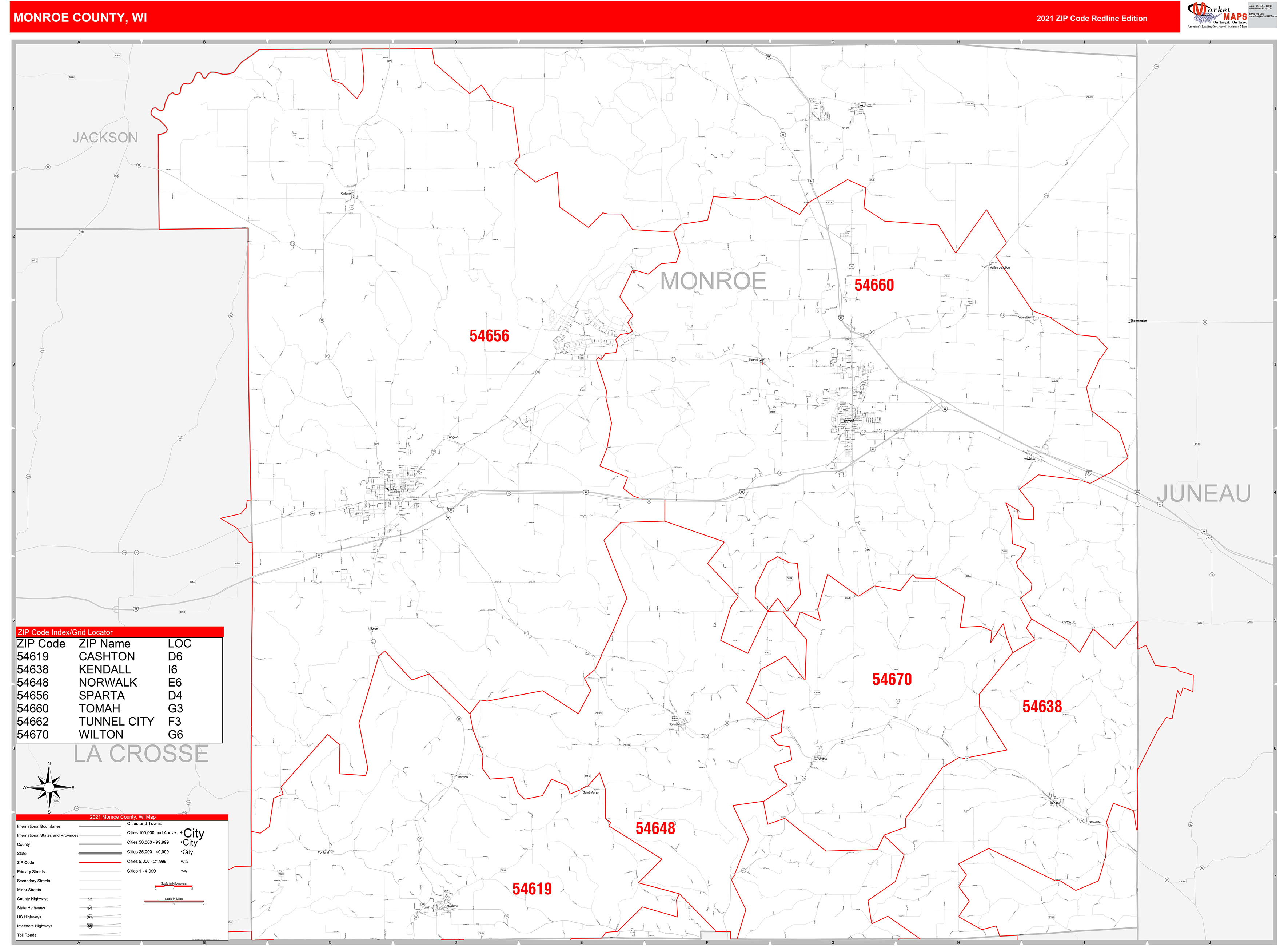 Monroe County, WI Zip Code Wall Map Red Line Style by MarketMAPS MapSales