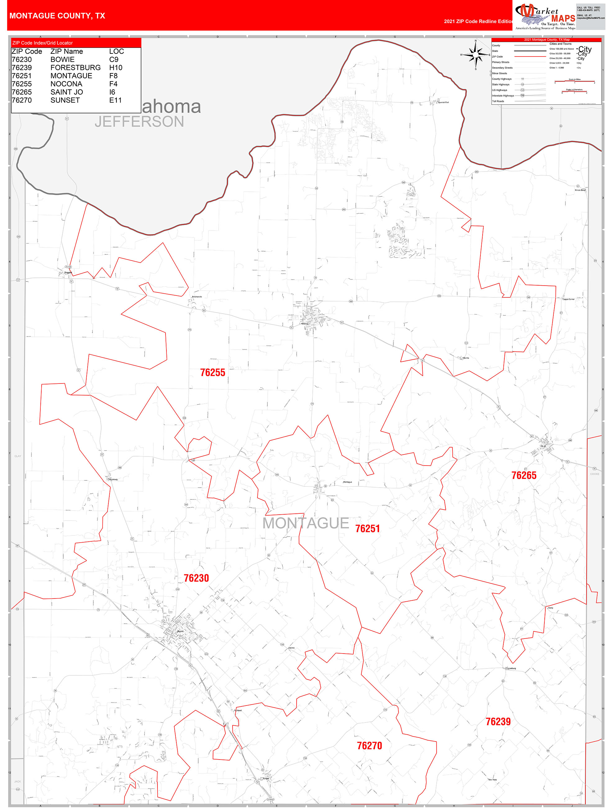 Montague County, TX Zip Code Wall Map Red Line Style by MarketMAPS