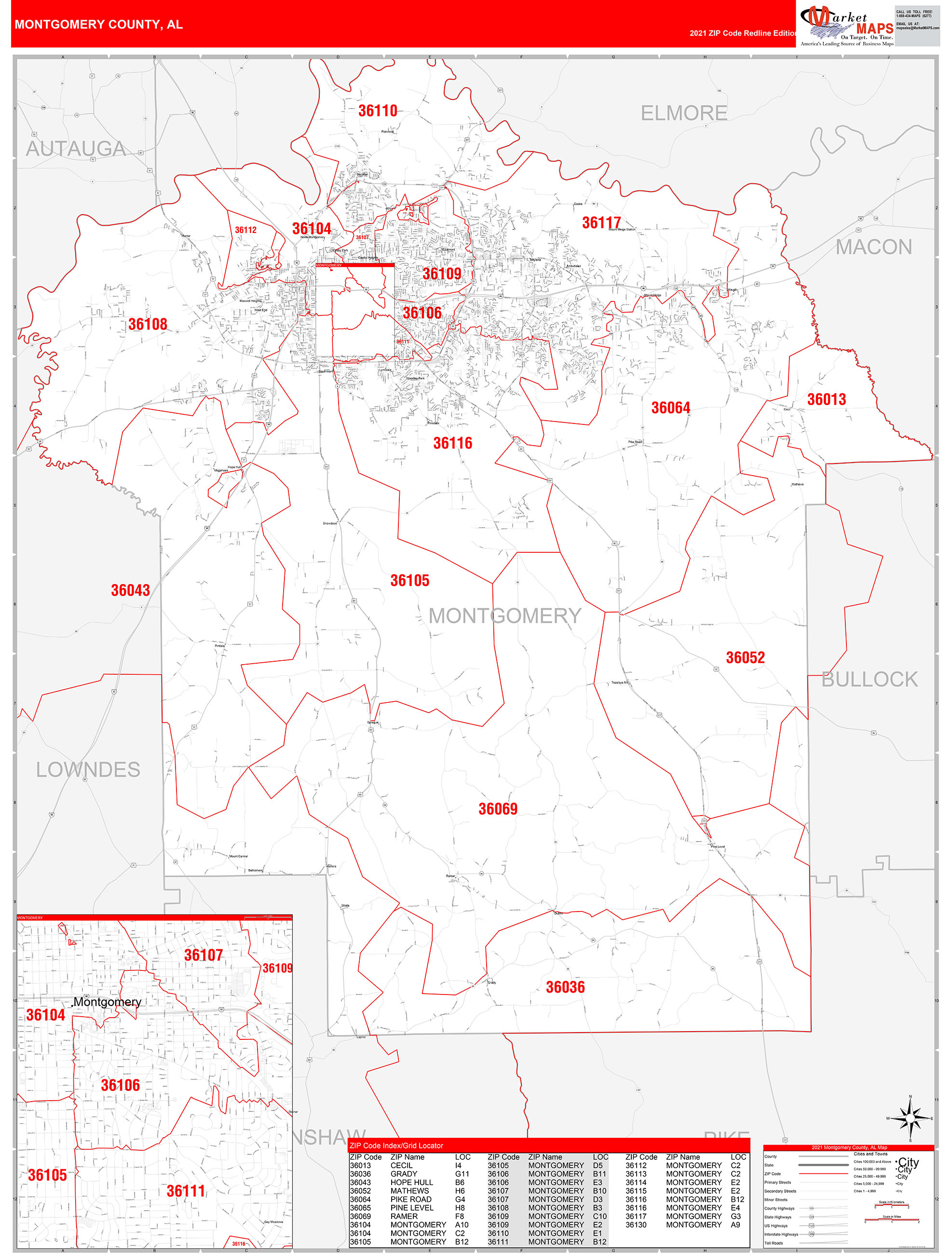 Montgomery County Al Zip Code Wall Map Red Line Style By Marketmaps