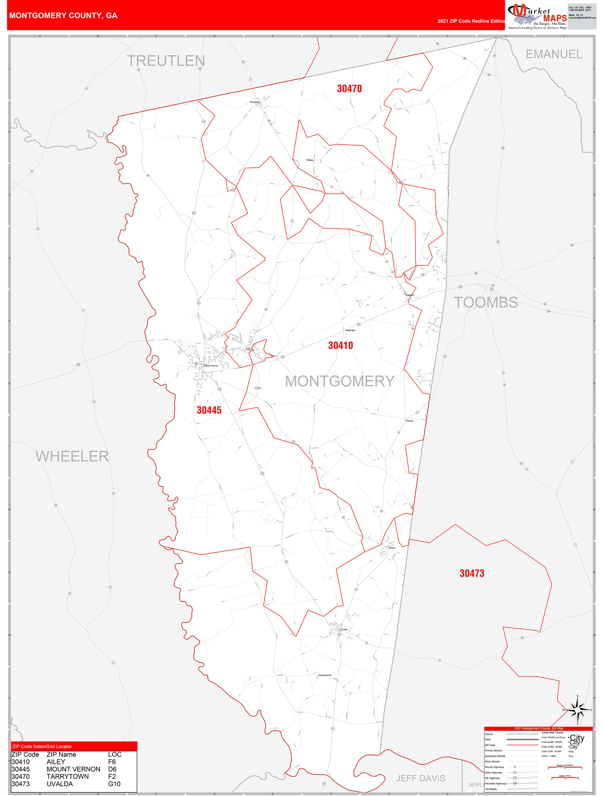 Montgomery County Ga Zip Code Wall Map Red Line Style By Marketmaps