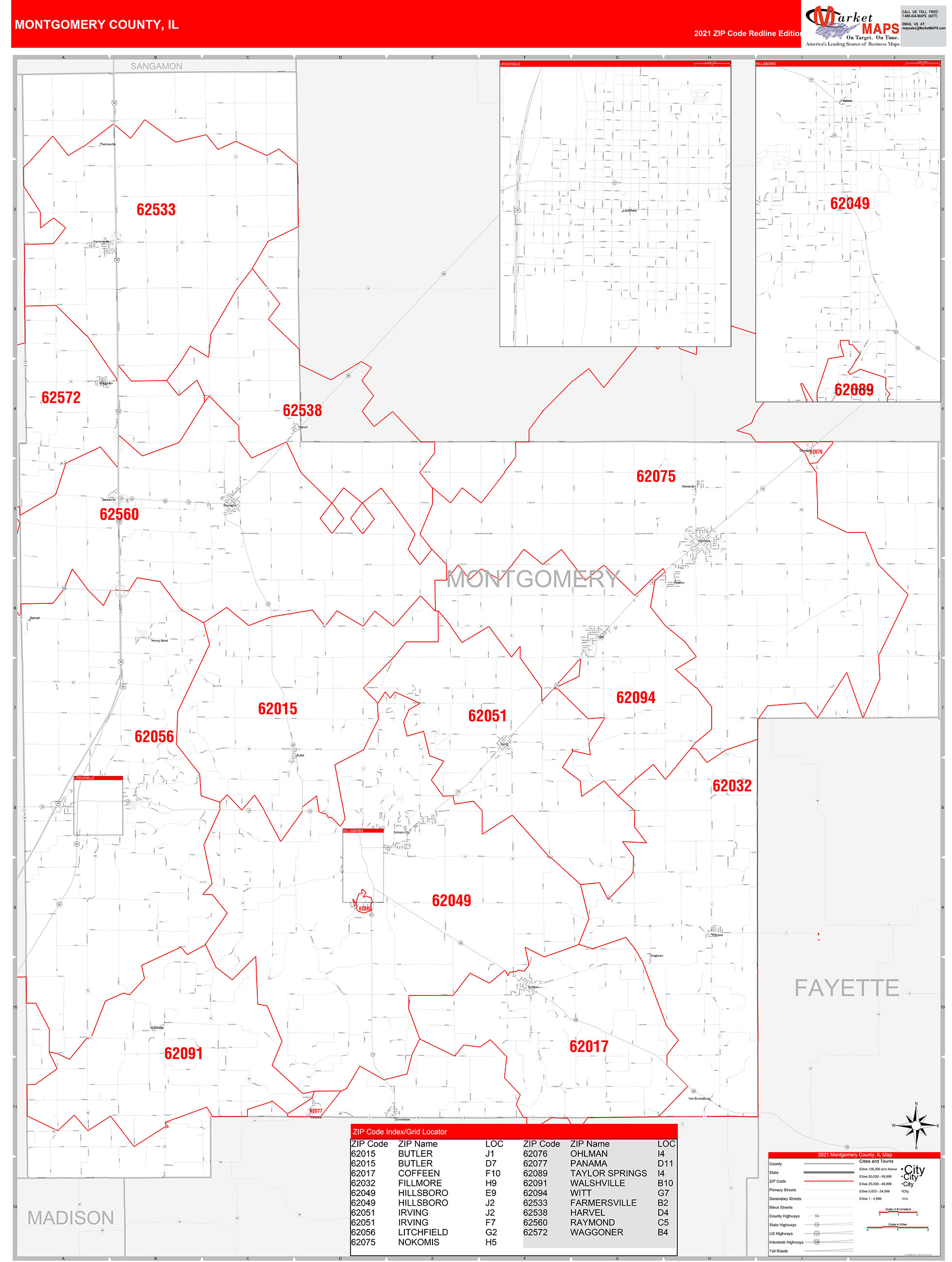 Montgomery County, IL Zip Code Wall Map Red Line Style by MarketMAPS