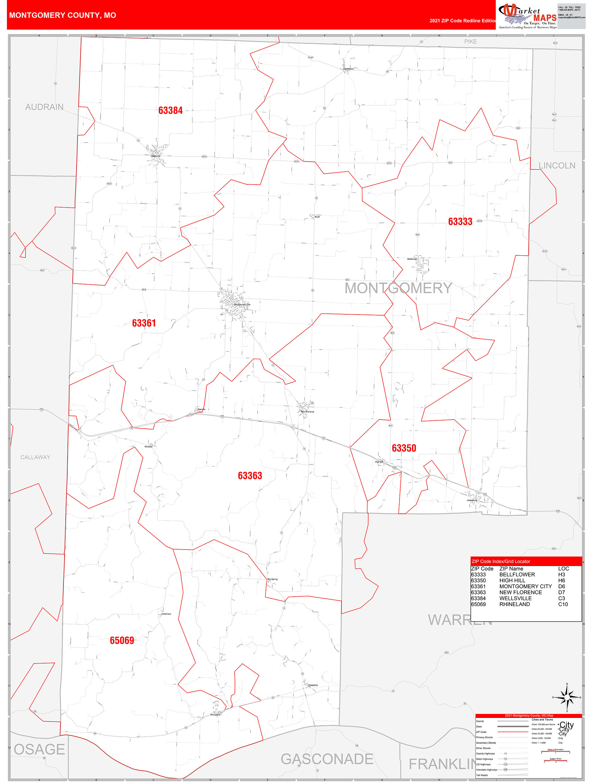 Montgomery County, MO Zip Code Wall Map Red Line Style by MarketMAPS