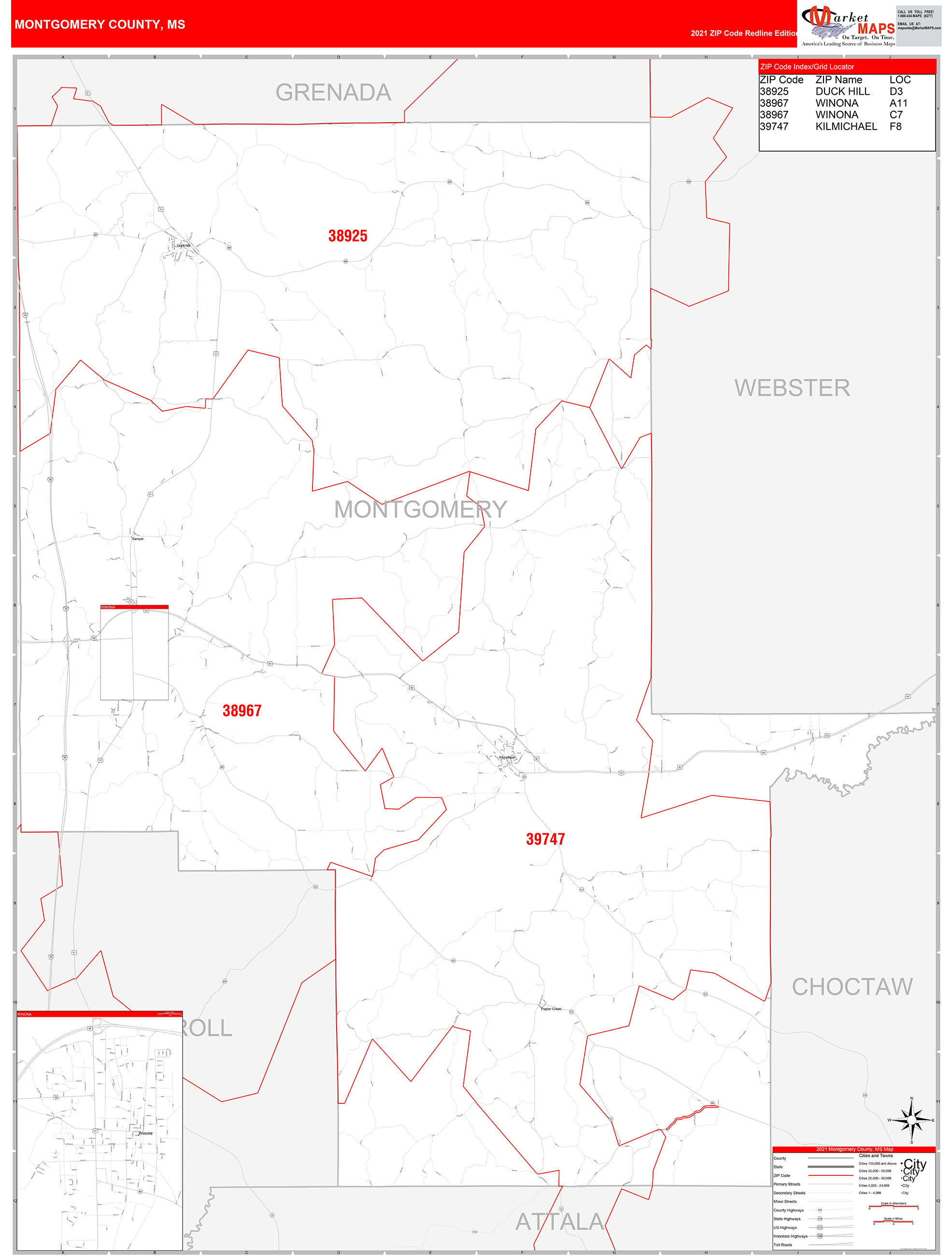 Montgomery County, MS Zip Code Wall Map Red Line Style by MarketMAPS