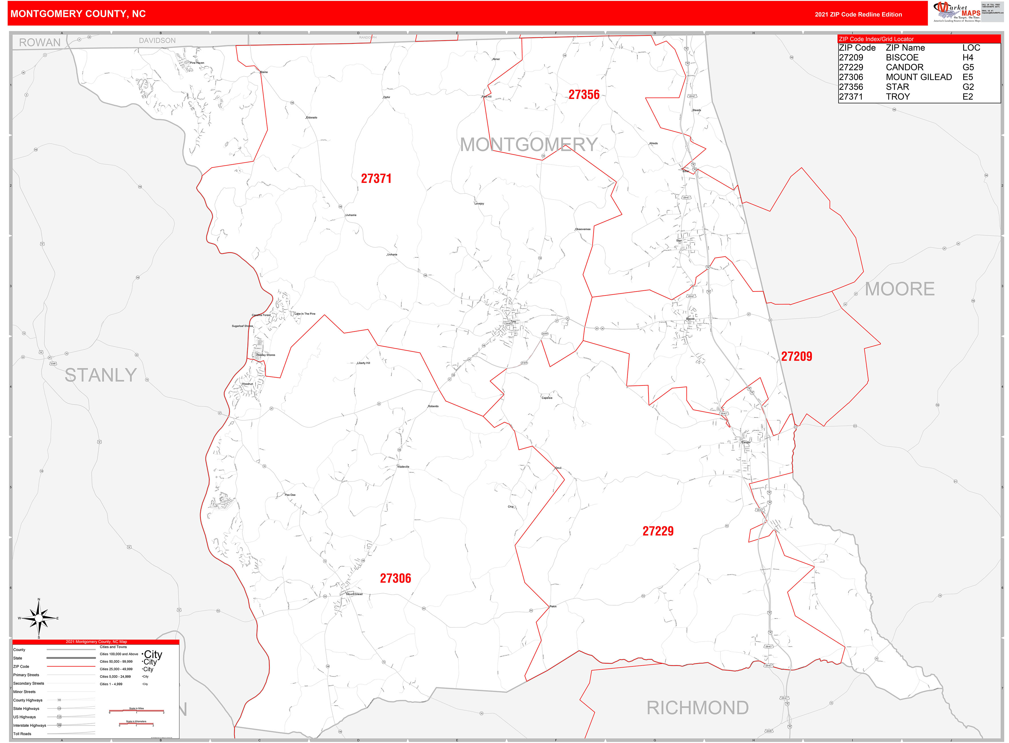 Montgomery County, NC Zip Code Wall Map Red Line Style by MarketMAPS