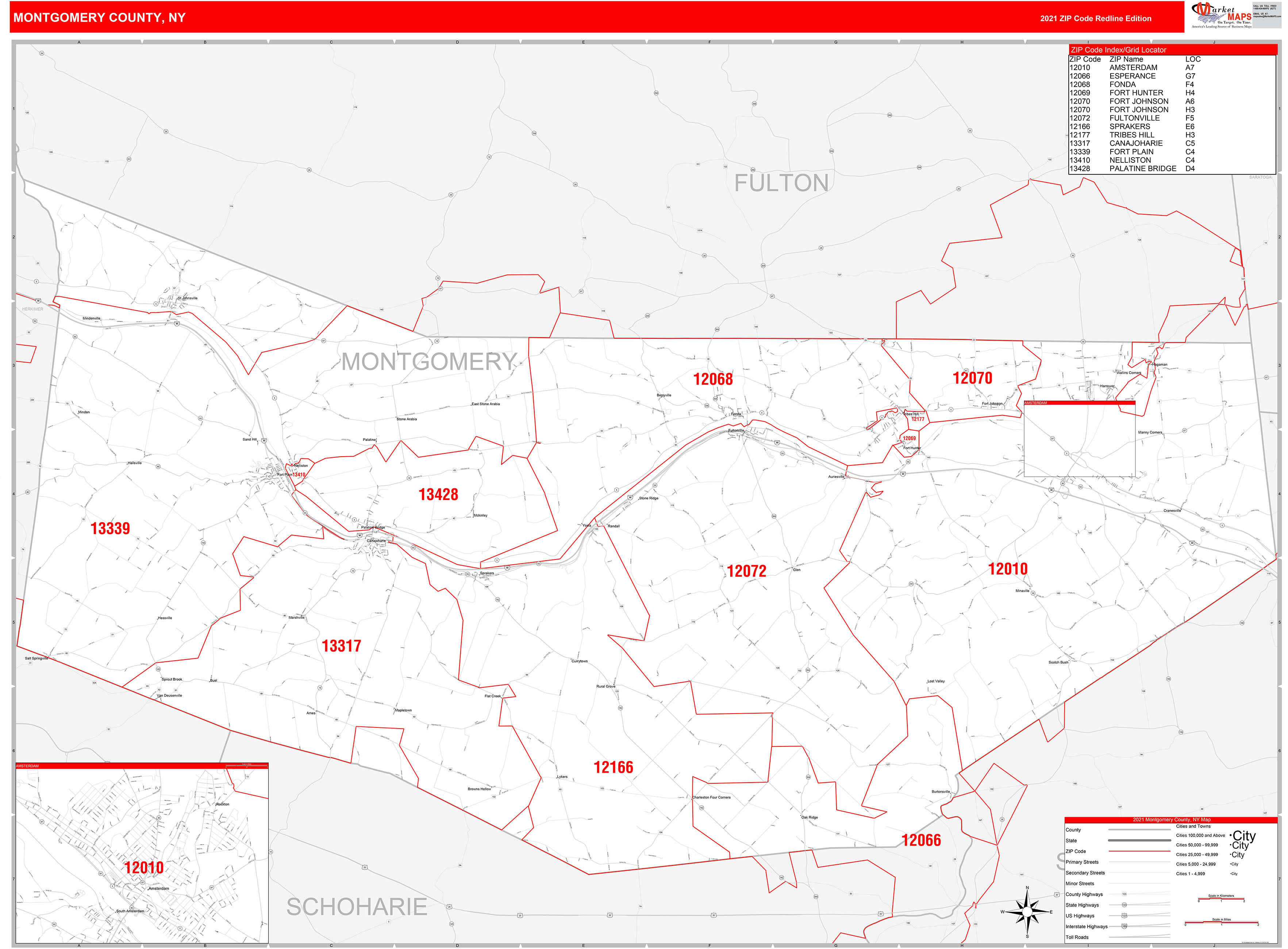 Montgomery County Ny Zip Code Wall Map Red Line Style By Marketmaps