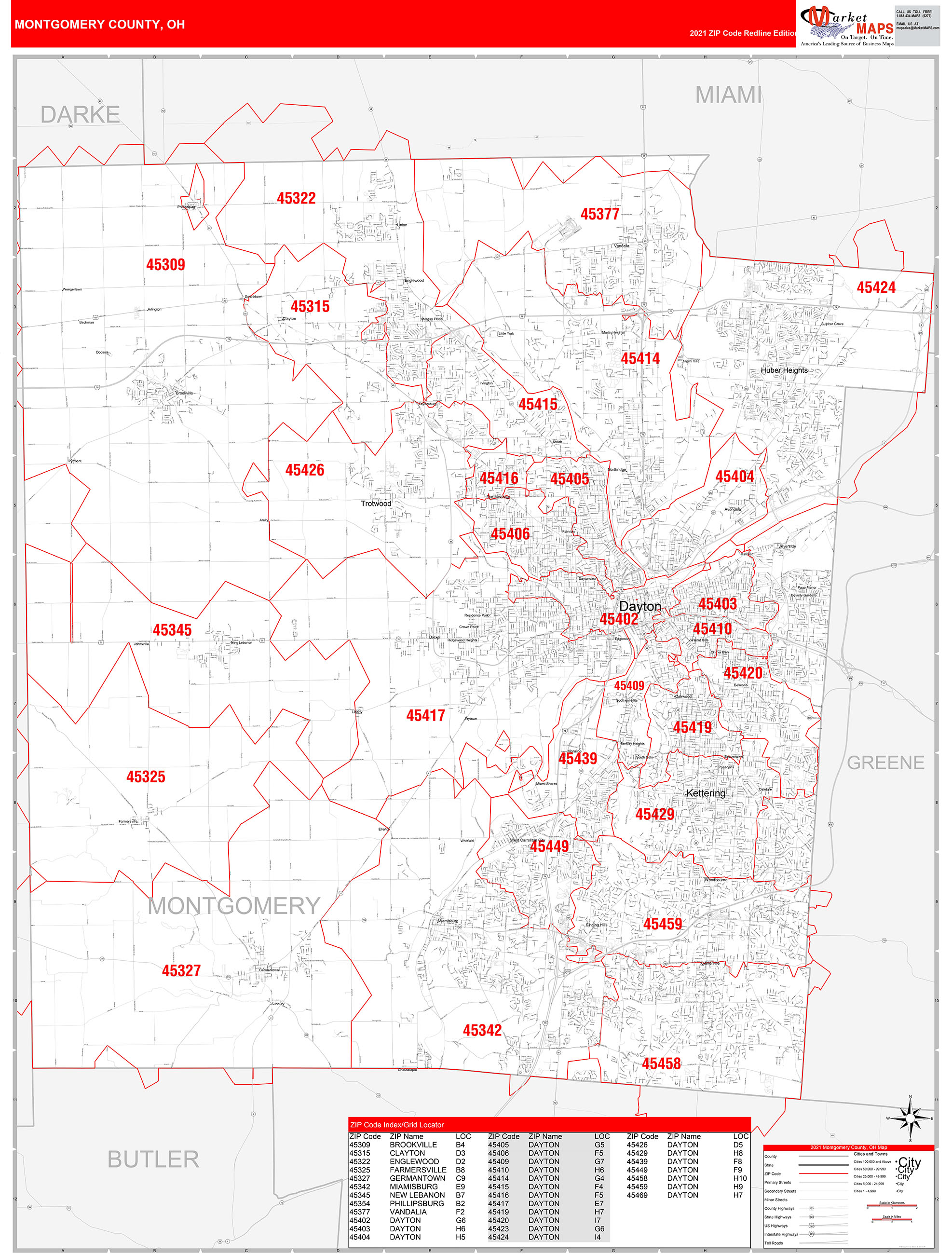 Montgomery County Oh Zip Code Wall Map Red Line Style By Marketmaps