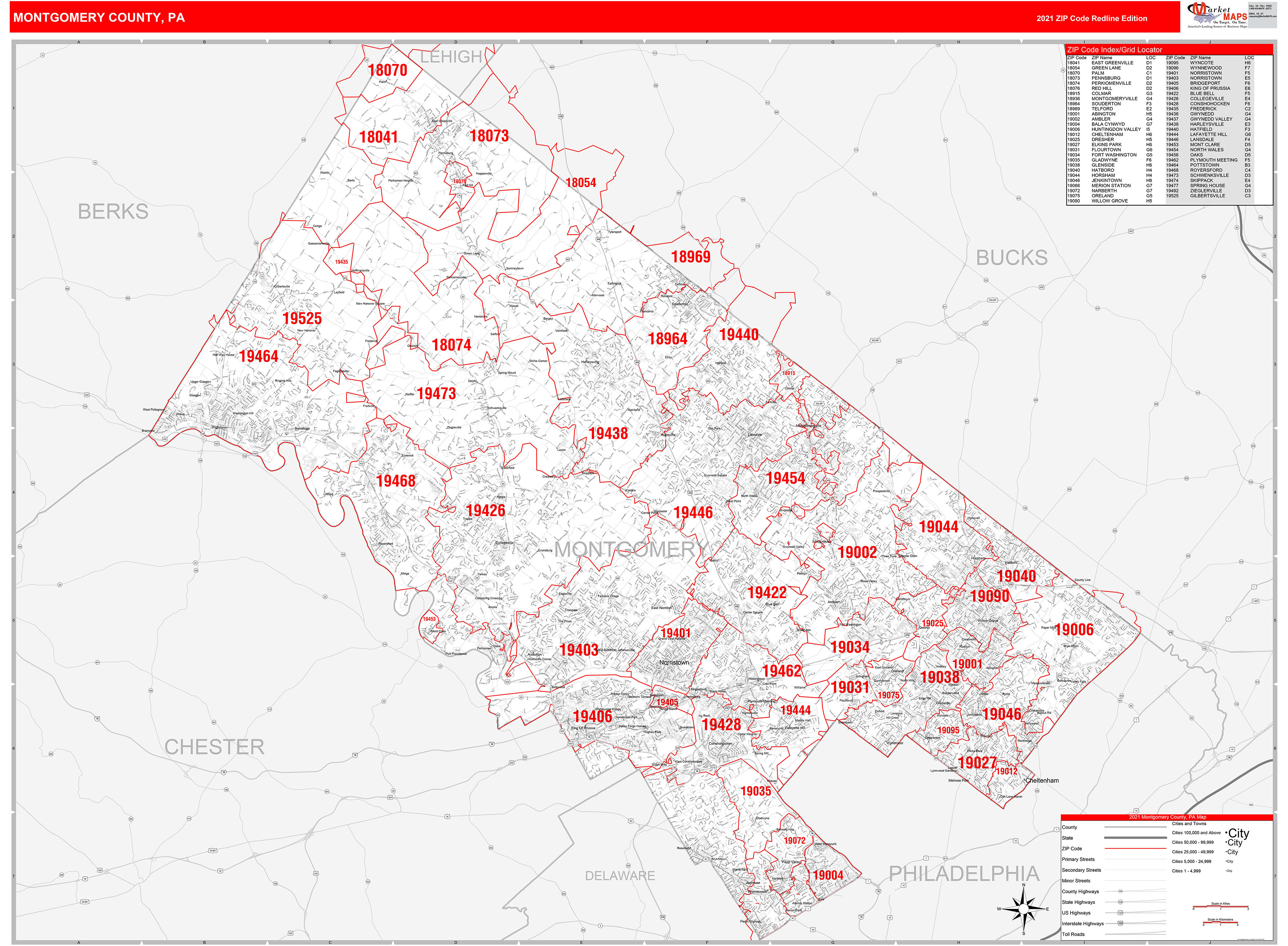 Montgomery County PA Zip Code Wall Map Red Line Style By MarketMAPS 