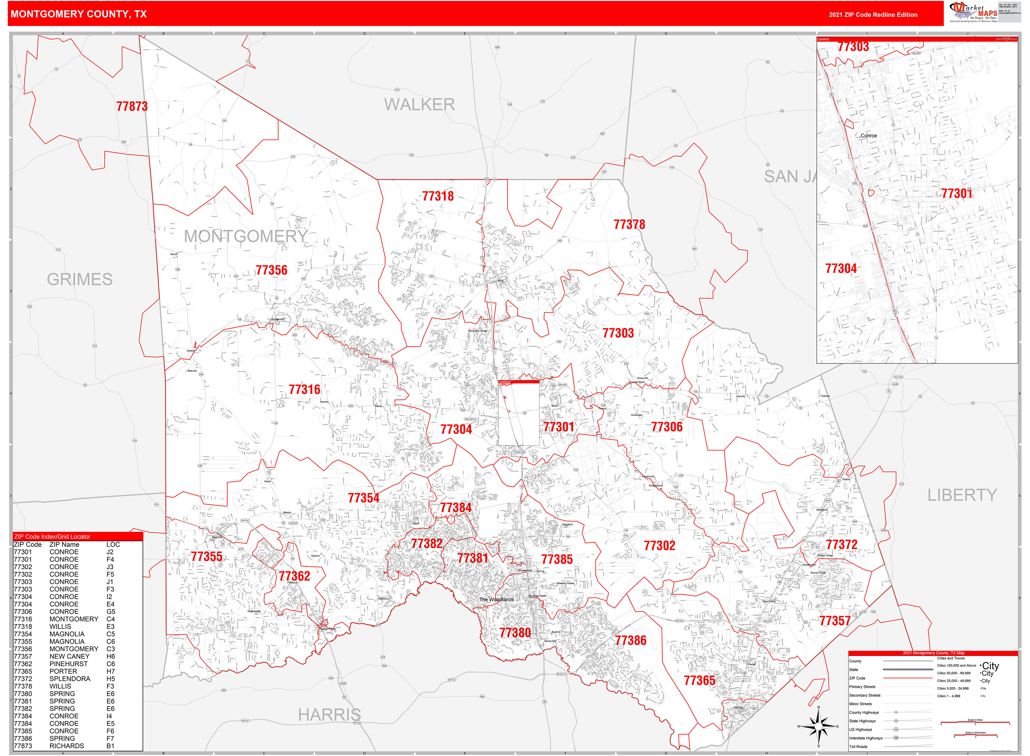 Montgomery County, TX Zip Code Wall Map Red Line Style by MarketMAPS