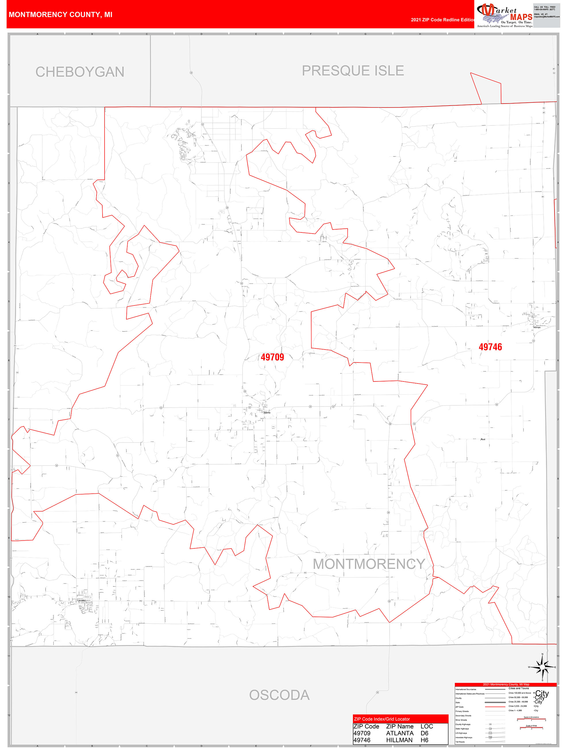 Montmorency County, MI Zip Code Wall Map Red Line Style by MarketMAPS