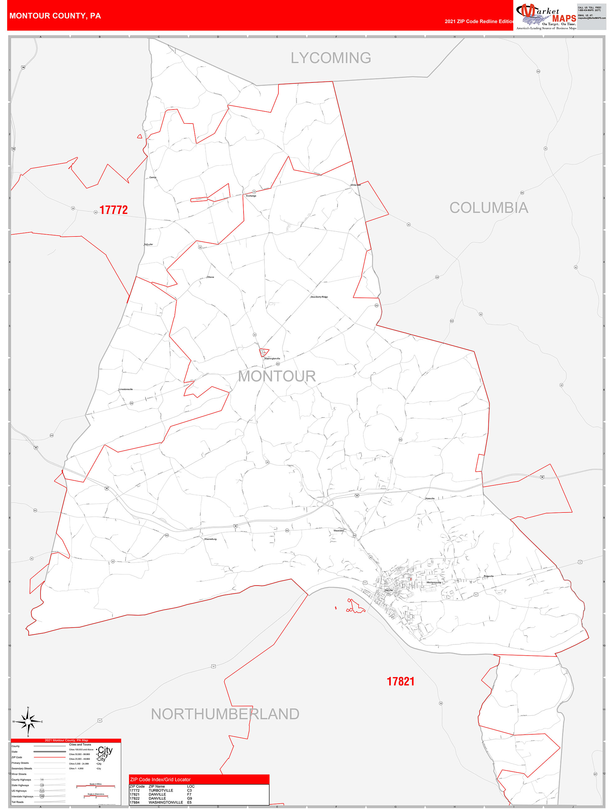 Montour County, PA Zip Code Wall Map Red Line Style by MarketMAPS