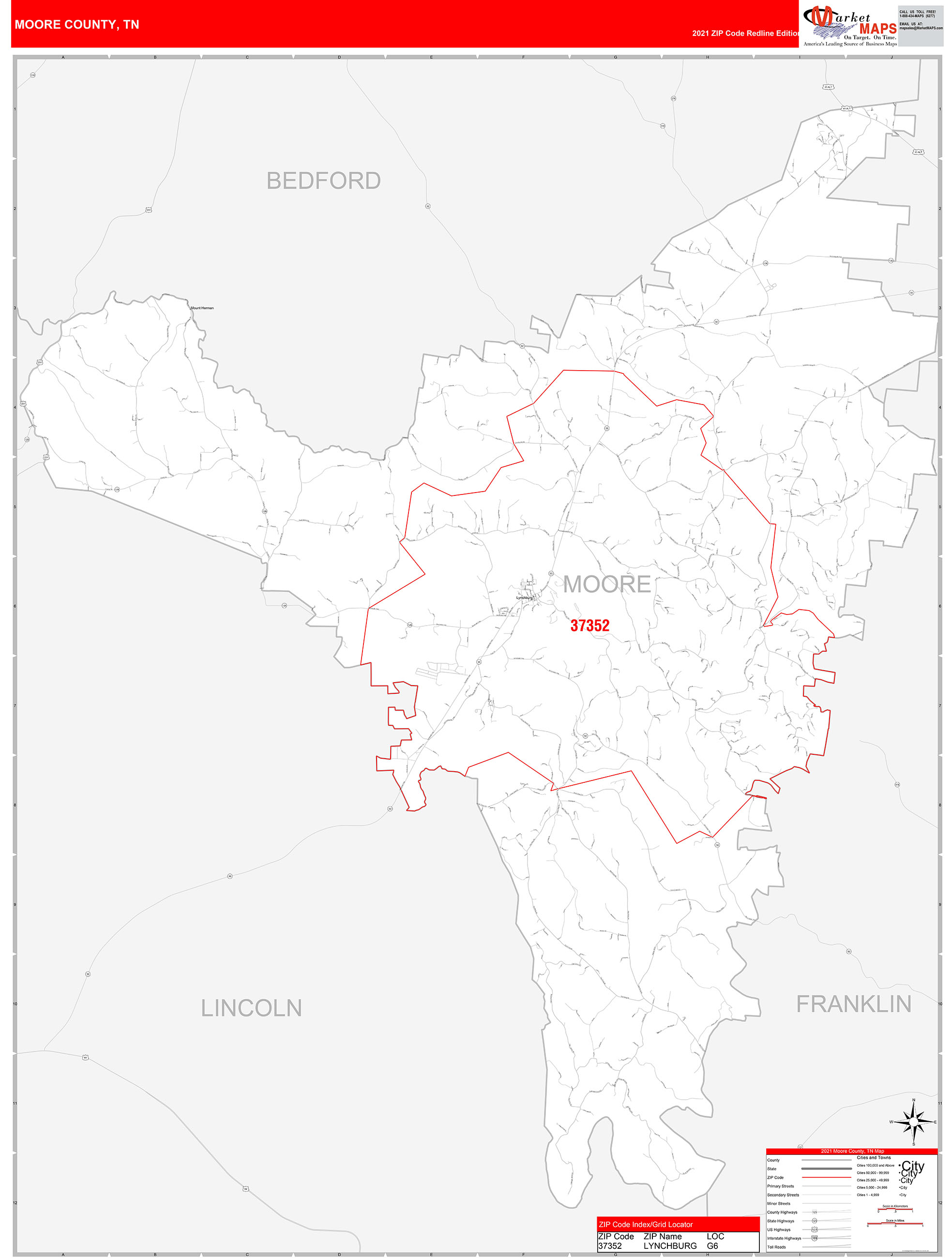 Moore County, TN Zip Code Wall Map Red Line Style by MarketMAPS