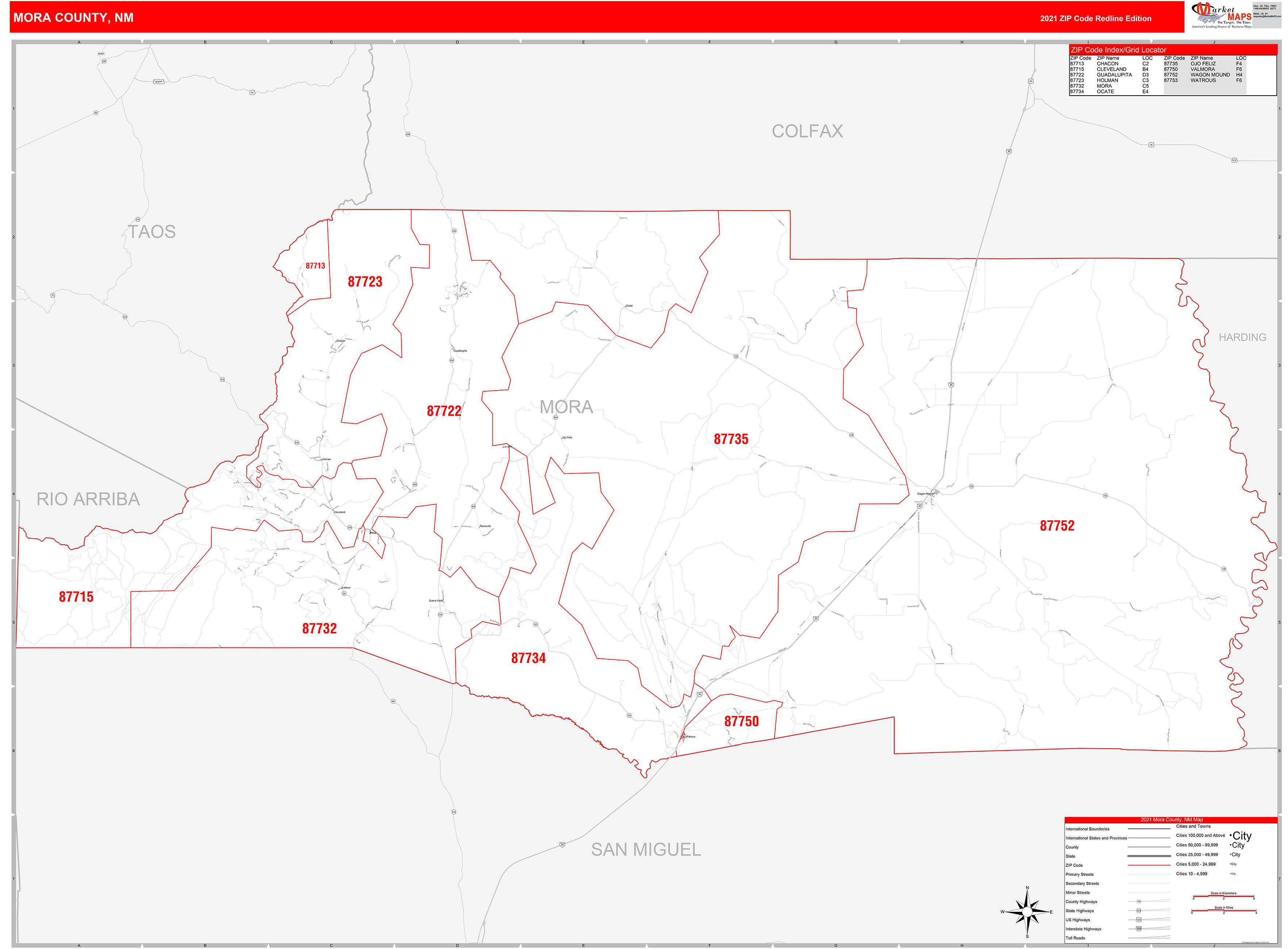 Mora County, NM Zip Code Wall Map Red Line Style by MarketMAPS