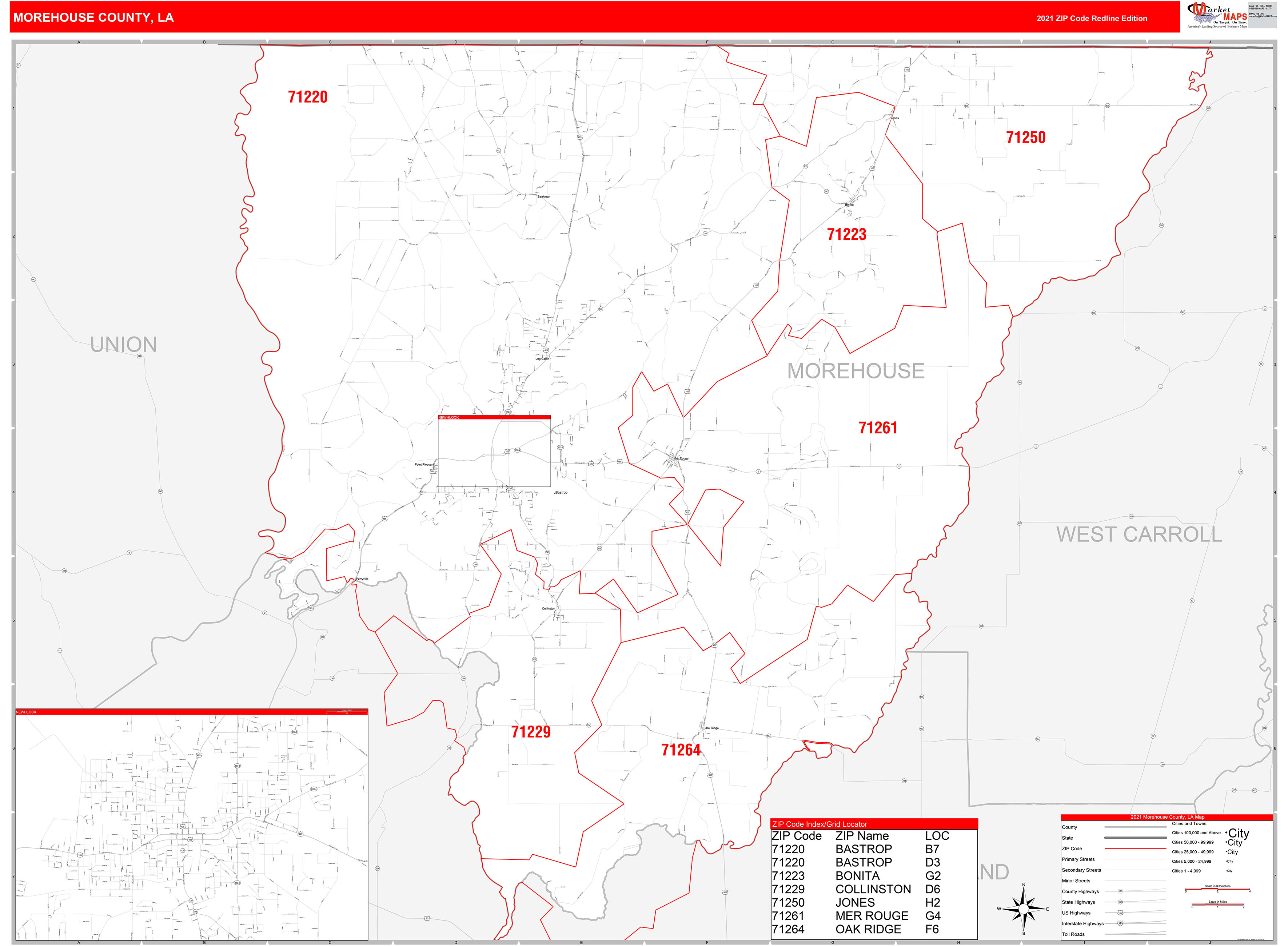 Morehouse County, LA Zip Code Wall Map Red Line Style by MarketMAPS